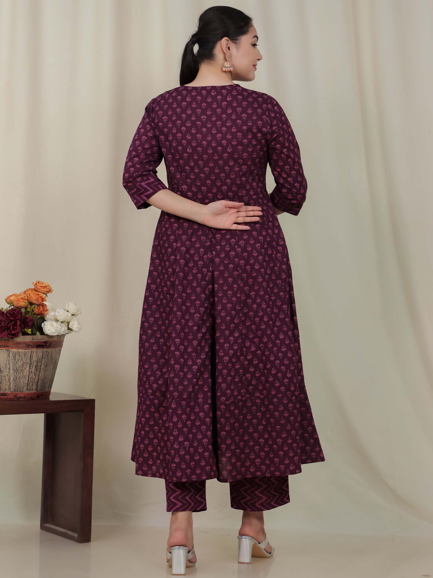 Embroidered Soft Cotton Butti Anarkali Purple Kurta