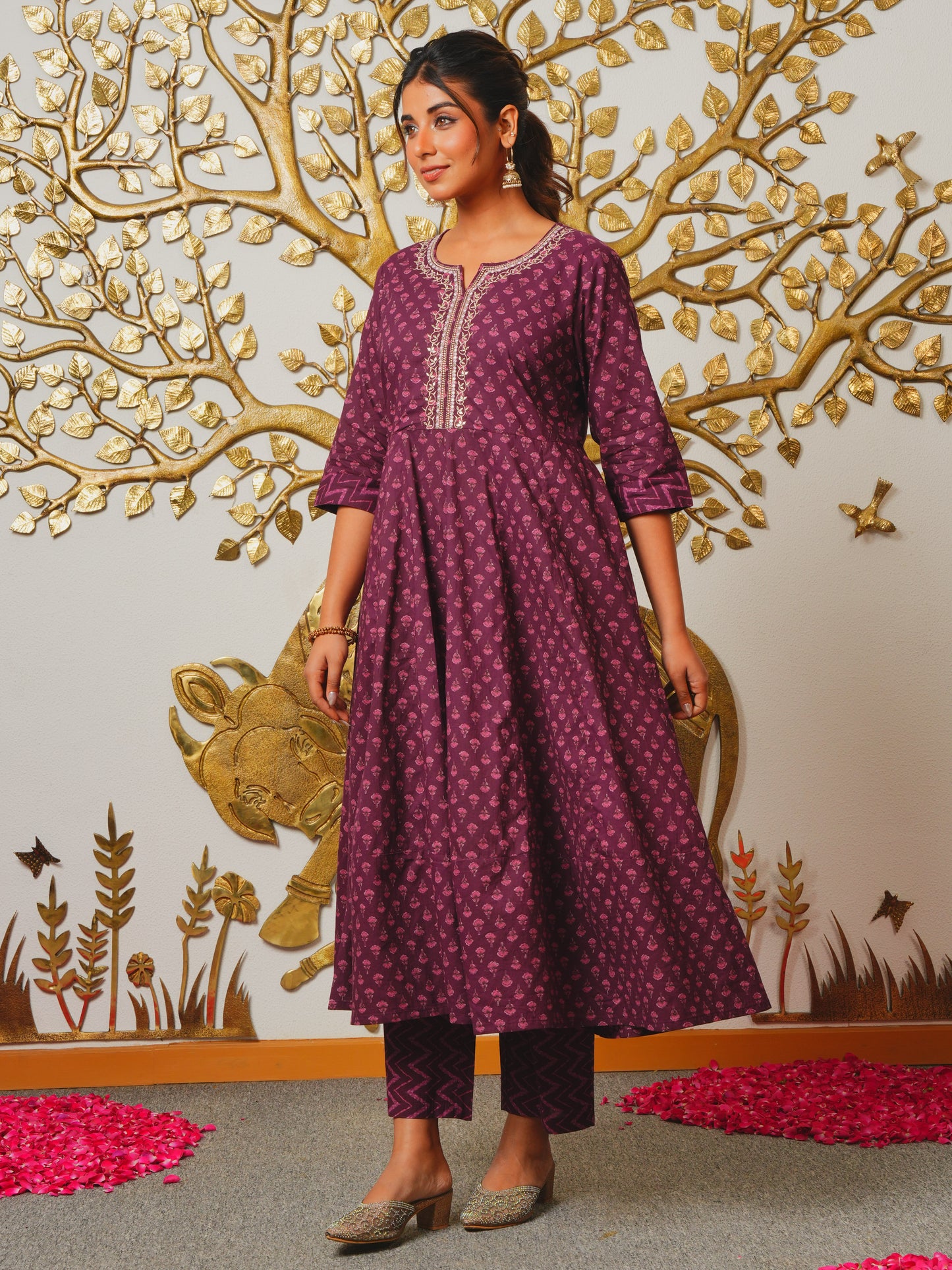 Embroidered Soft Cotton Butti Anarkali Purple Kurta