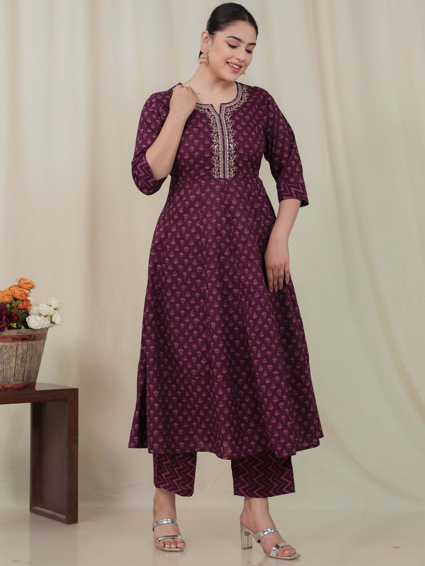 Embroidered Soft Cotton Butti Anarkali Purple Kurta