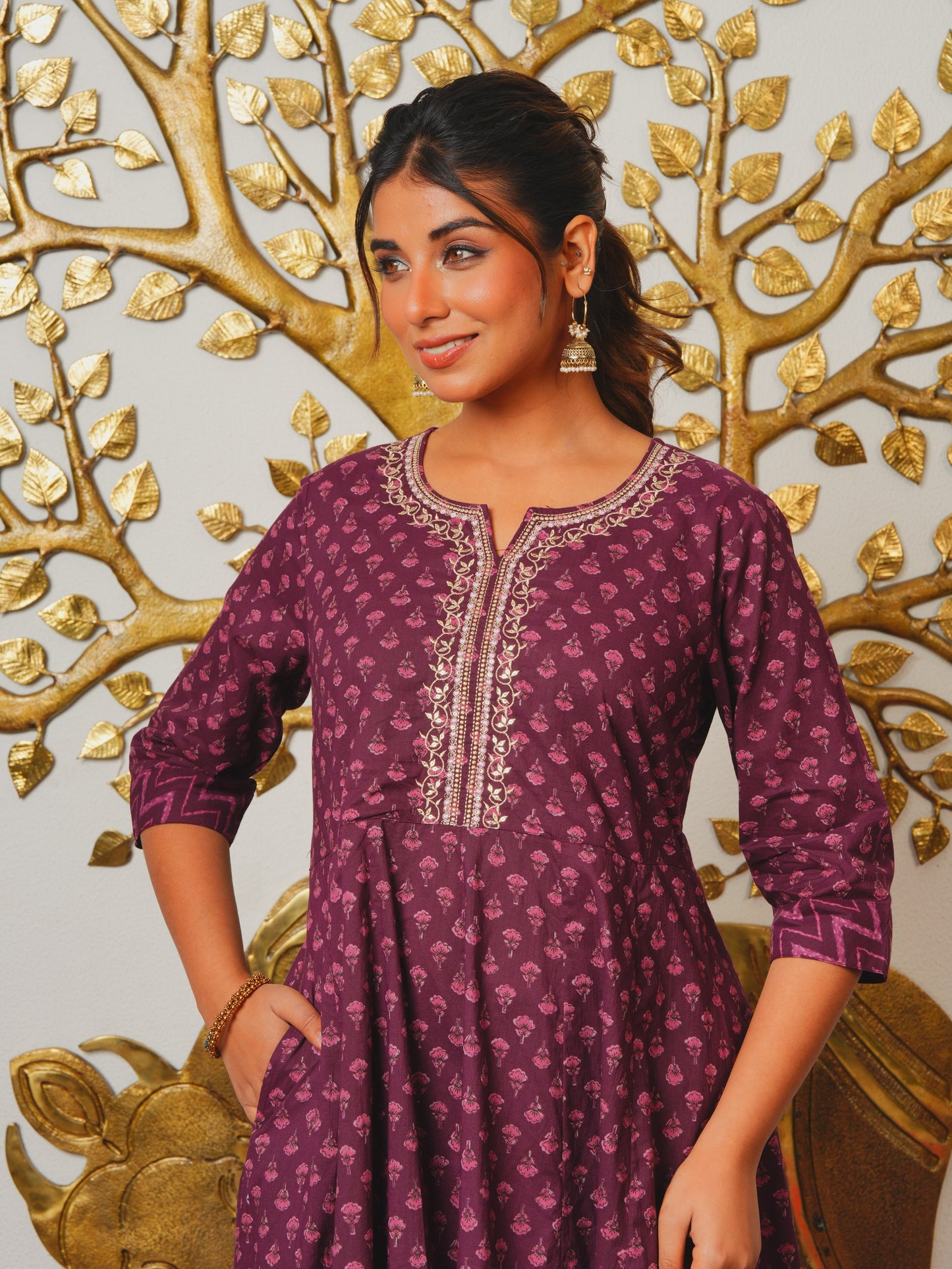 Embroidered Soft Cotton Butti Anarkali Purple Kurta