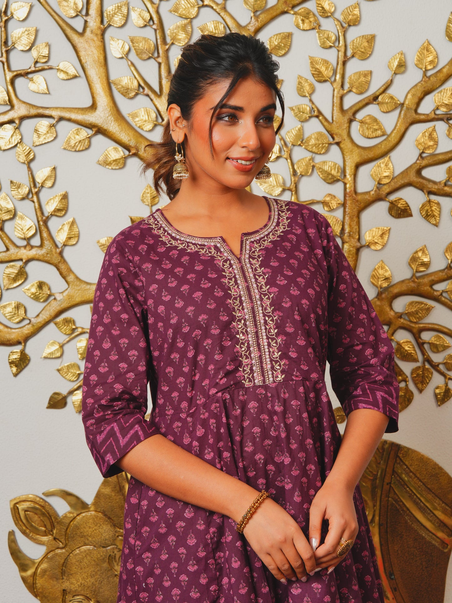 Embroidered Soft Cotton Butti Anarkali Purple Kurta