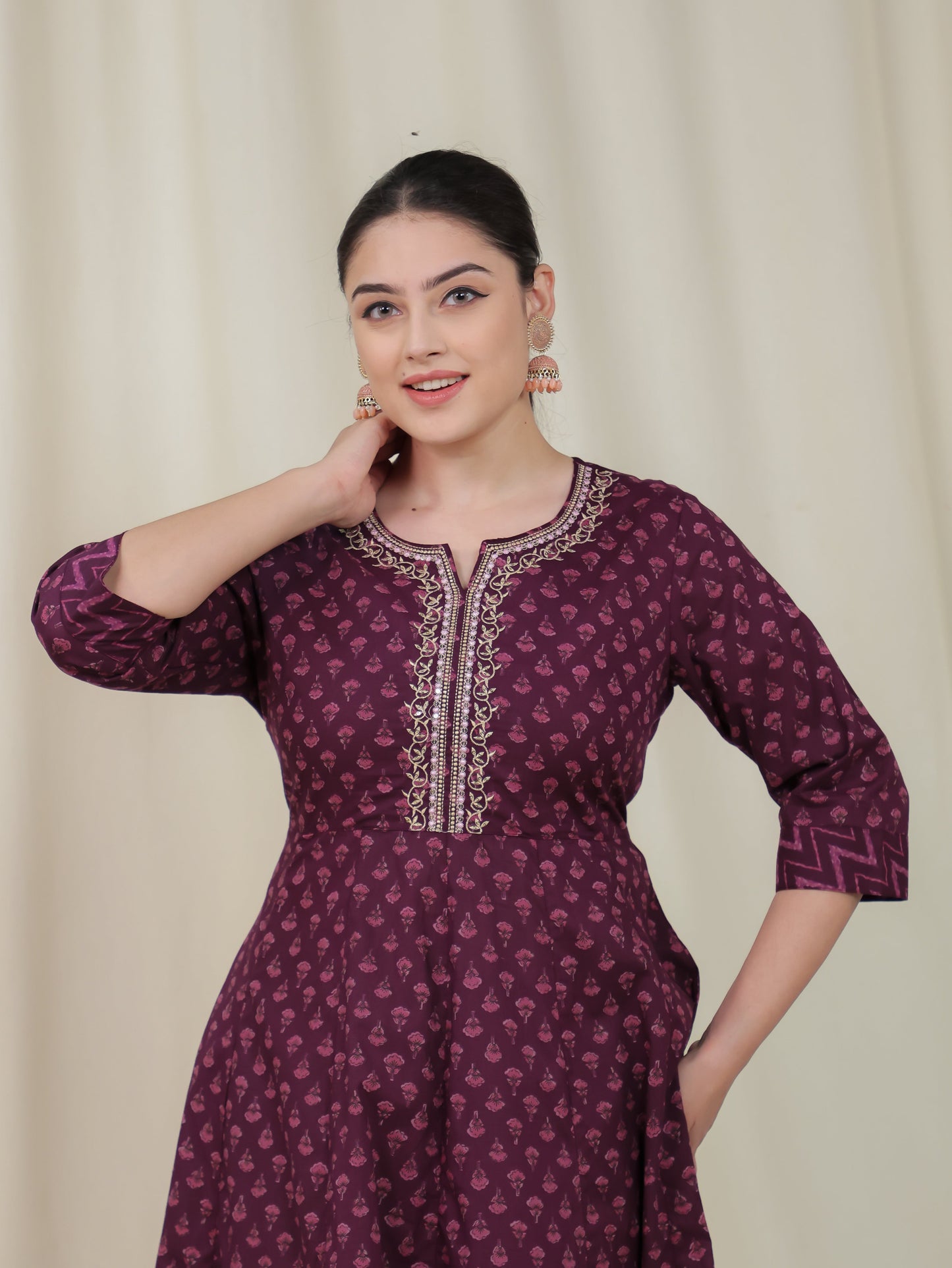 Embroidered Soft Cotton Butti Anarkali Purple Kurta