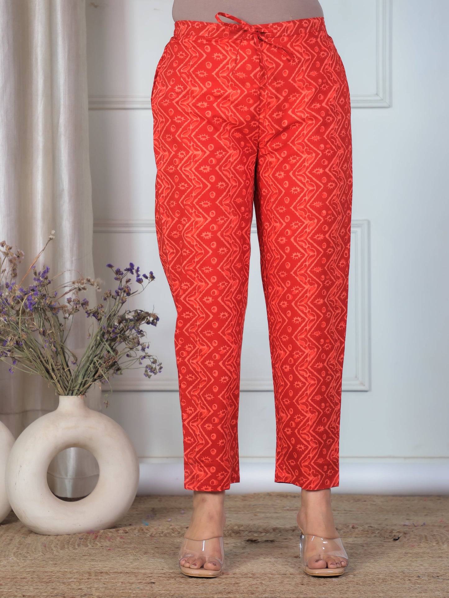 Soft Cotton Geometric Red Tapered Trousers