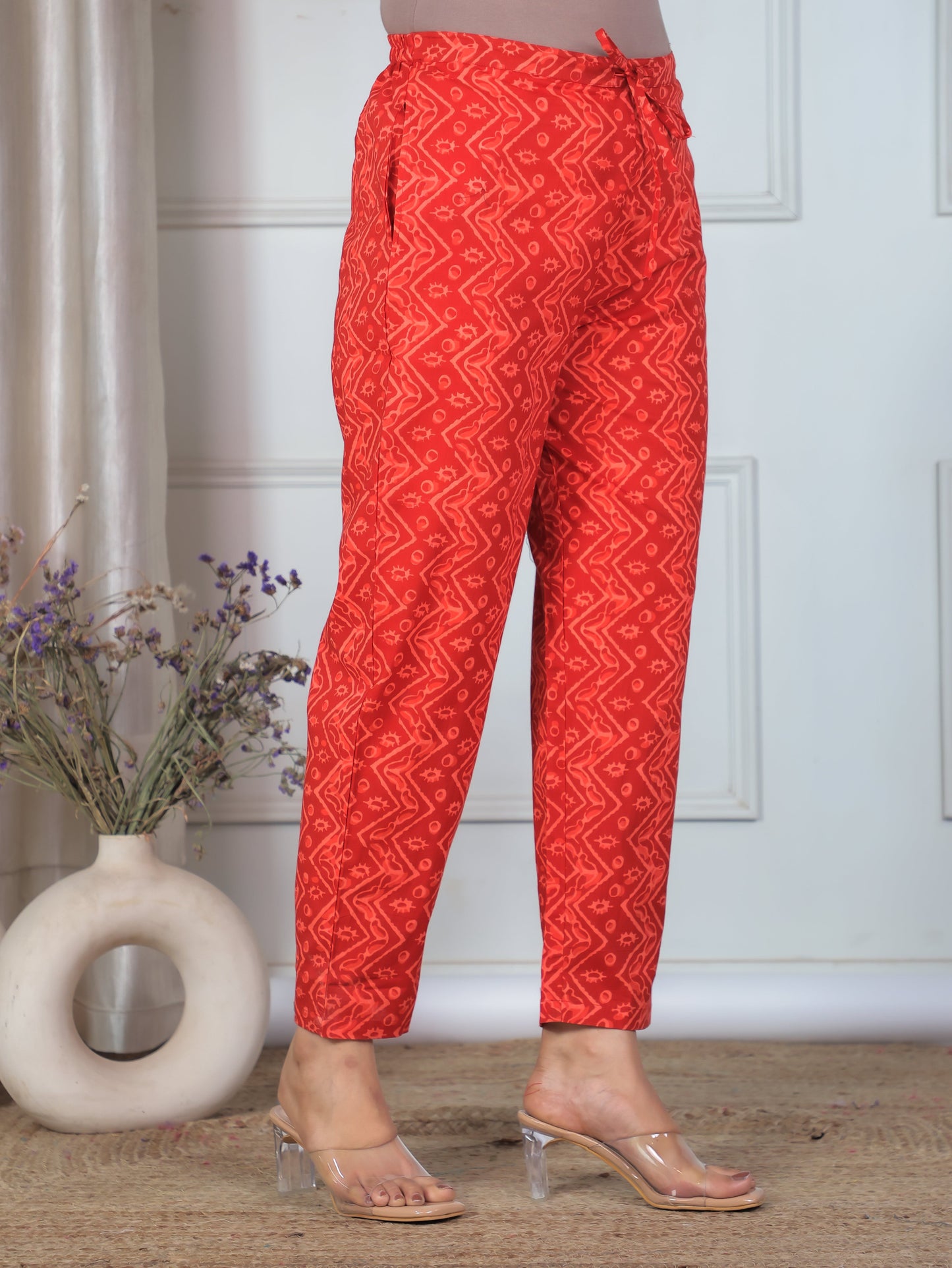 Soft Cotton Geometric Red Tapered Trousers
