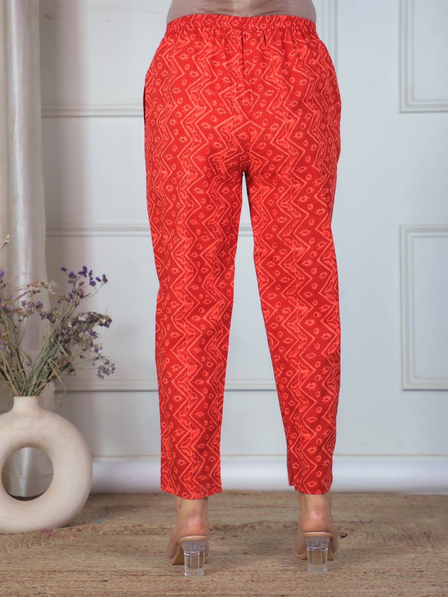 Soft Cotton Geometric Red Tapered Trousers