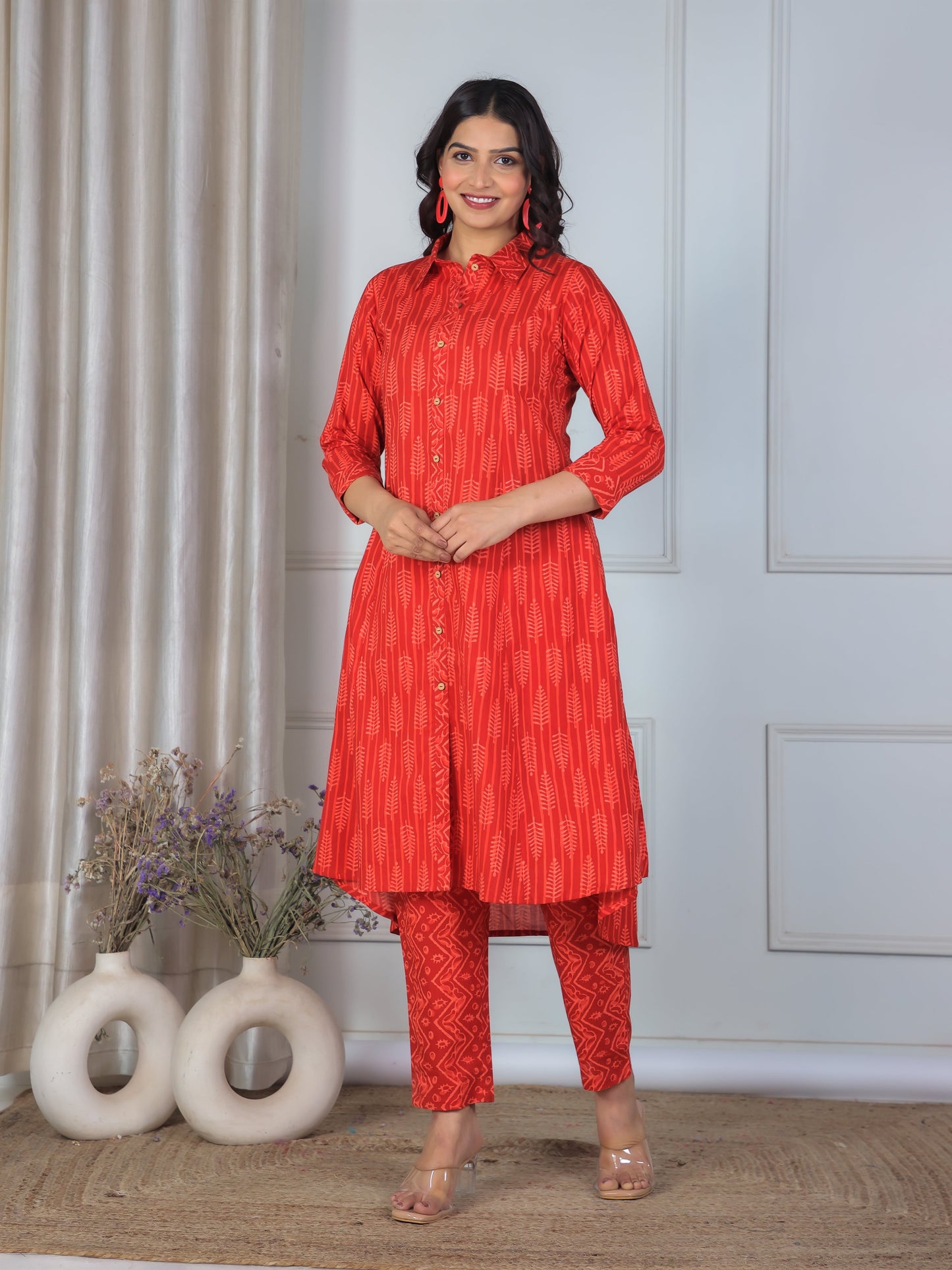 Soft Cotton Geometric High Low Red Kurta