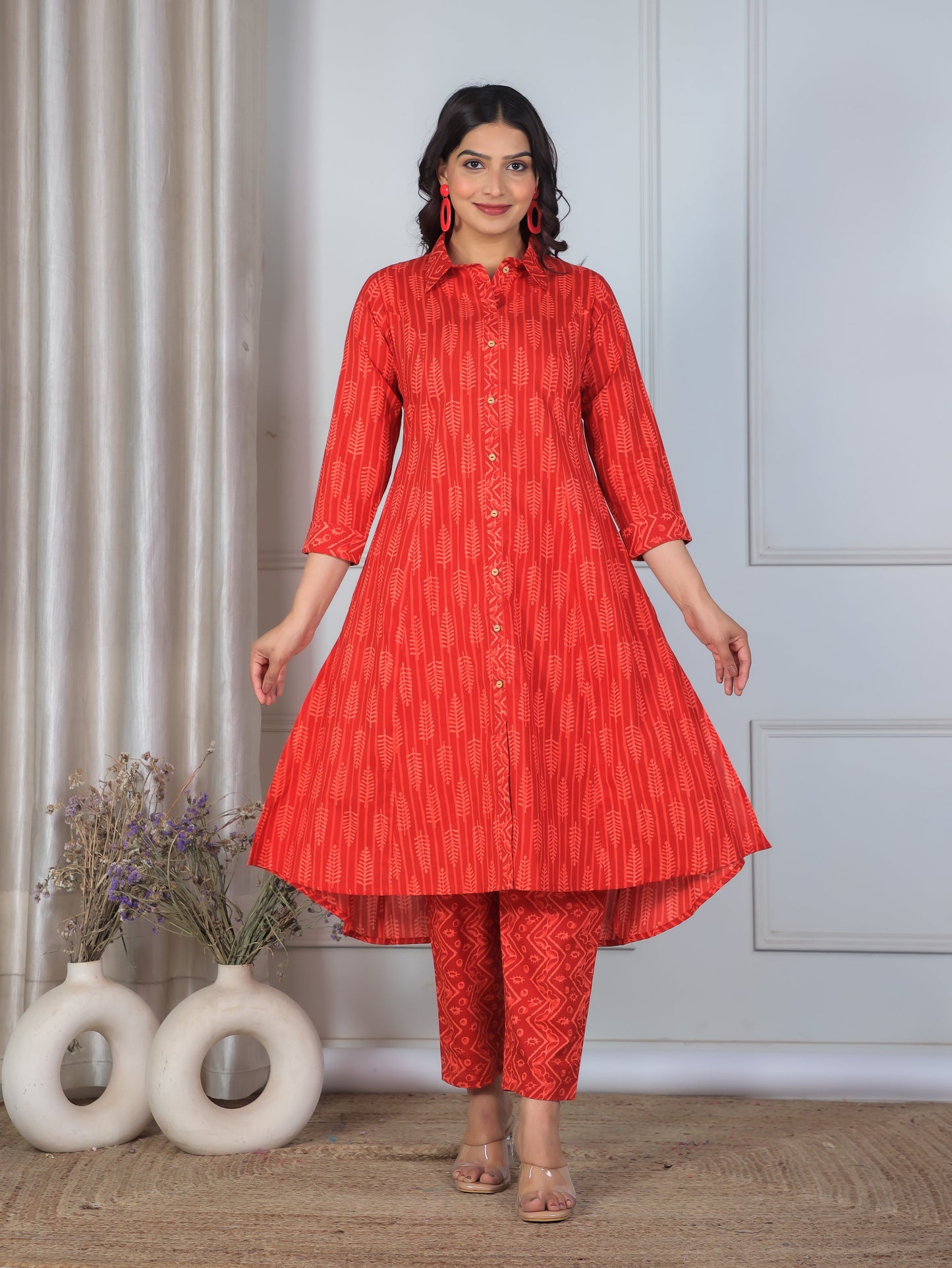 Soft Cotton Geometric High Low Red Kurta