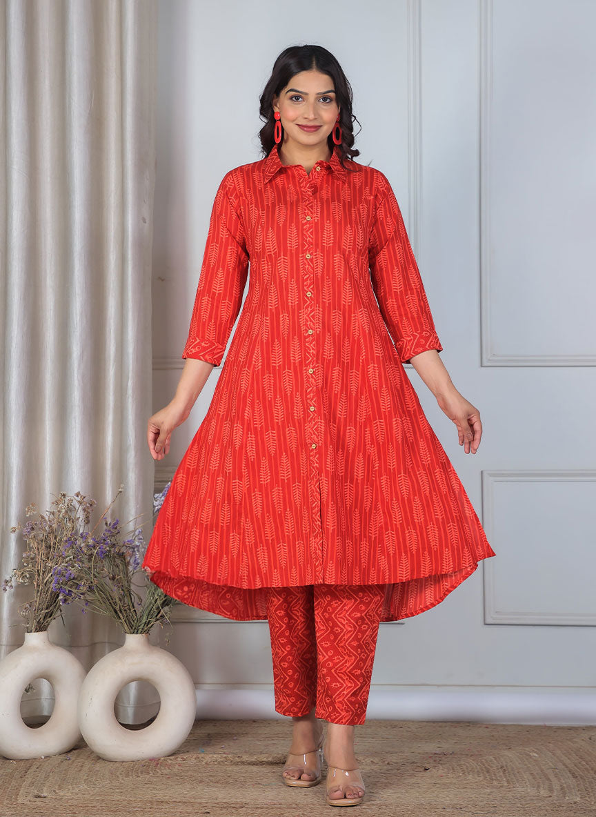 Soft Cotton Geometric High Low Red Kurta