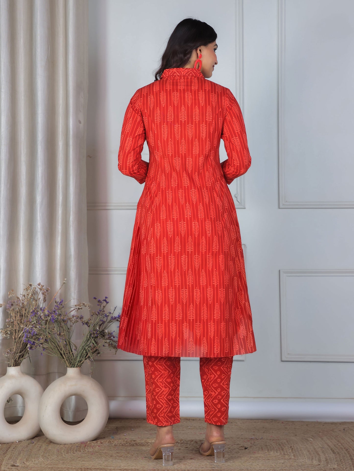 Soft Cotton Geometric High Low Red Kurta