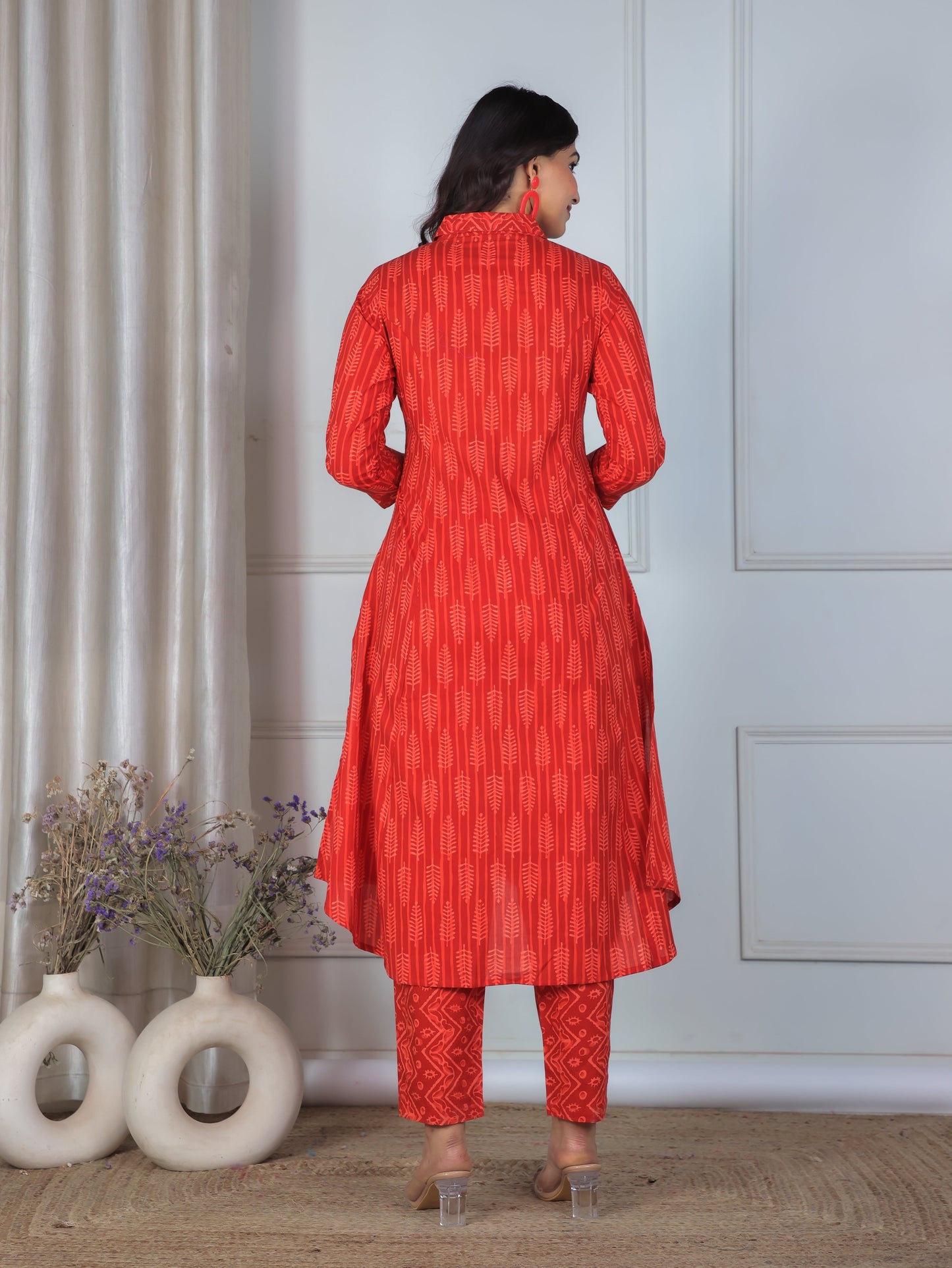 Soft Cotton Geometric High Low Red Kurta