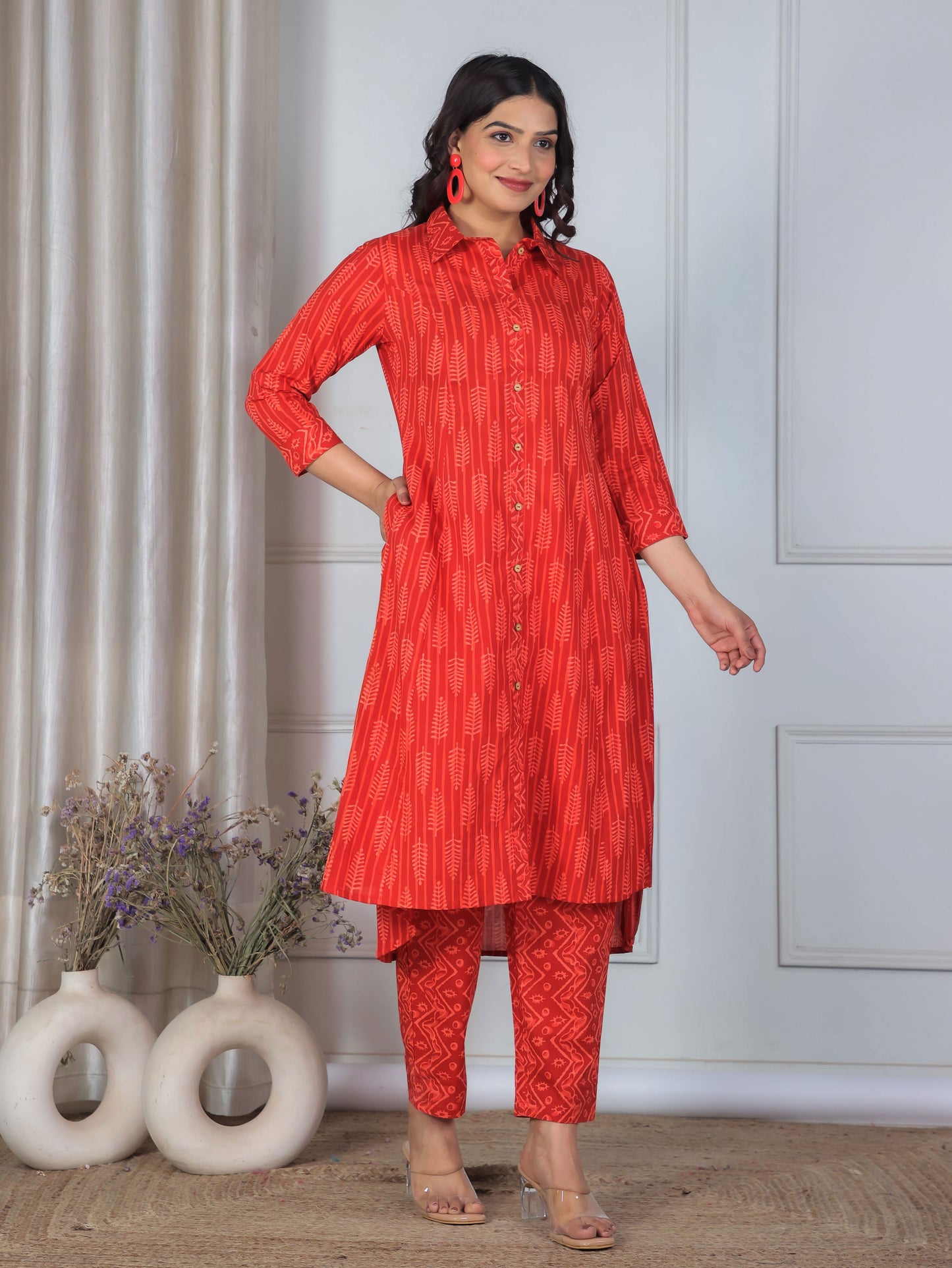 Soft Cotton Geometric High Low Red Kurta
