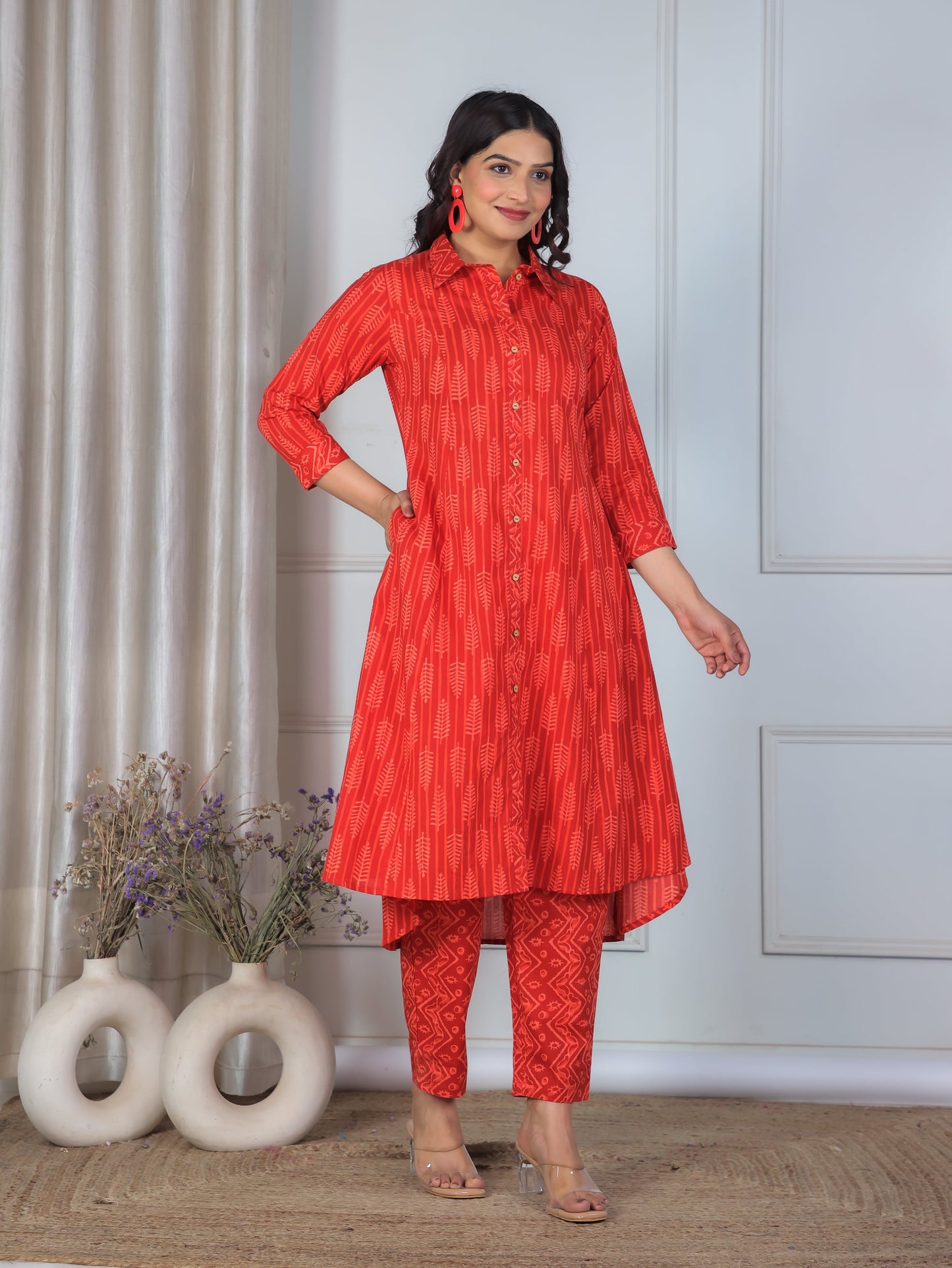 Soft Cotton Geometric High Low Red Kurta