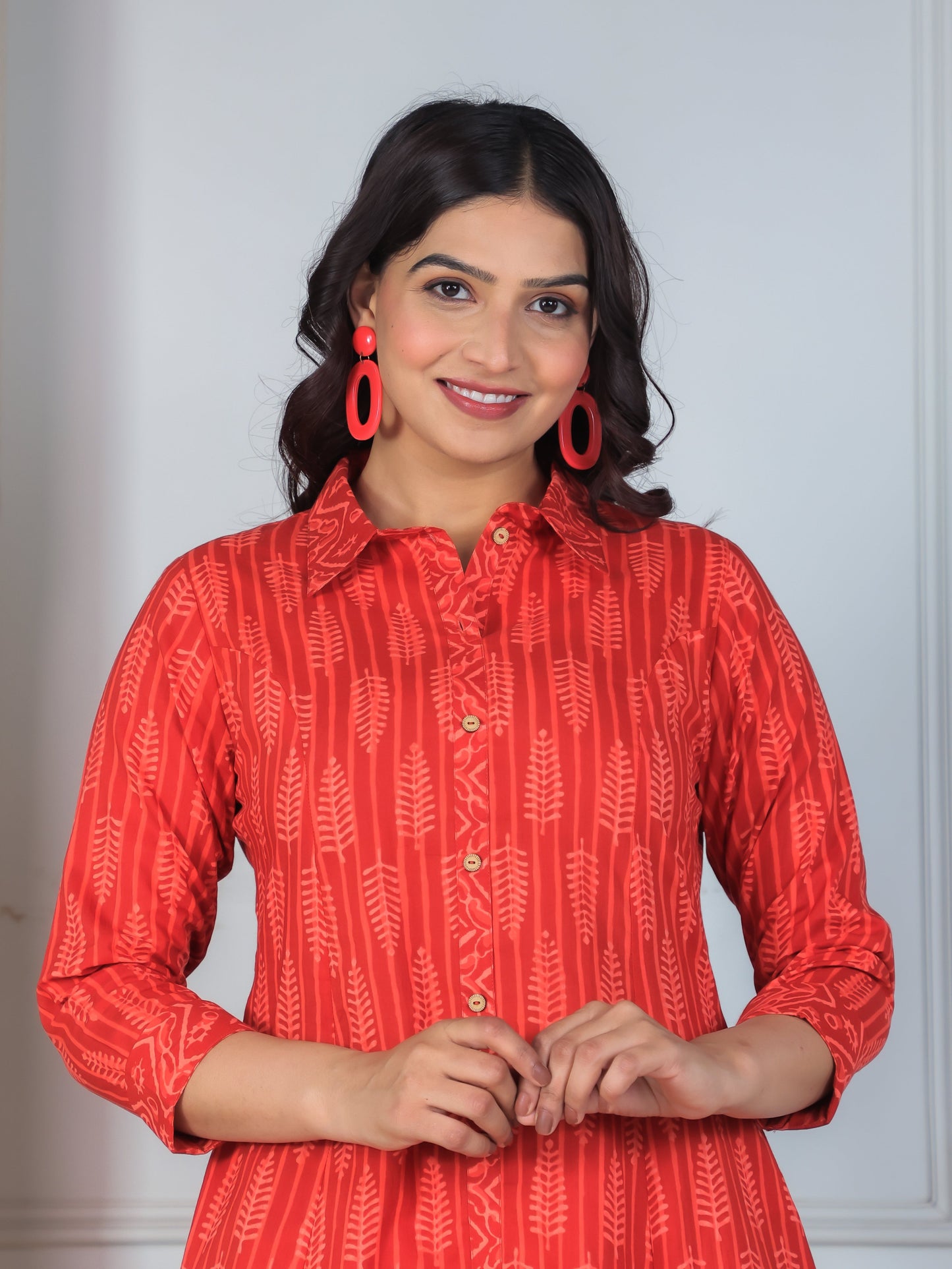 Soft Cotton Geometric High Low Red Kurta