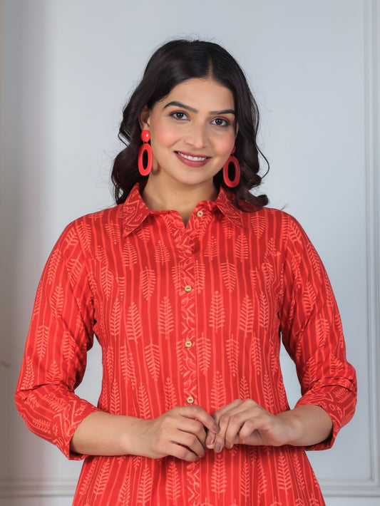Soft Cotton Geometric High Low Red Kurta