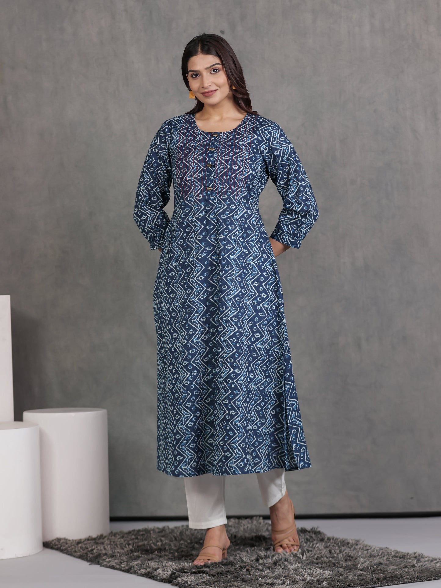 Embroidered Soft Cotton Geometric Flared Blue Kurta