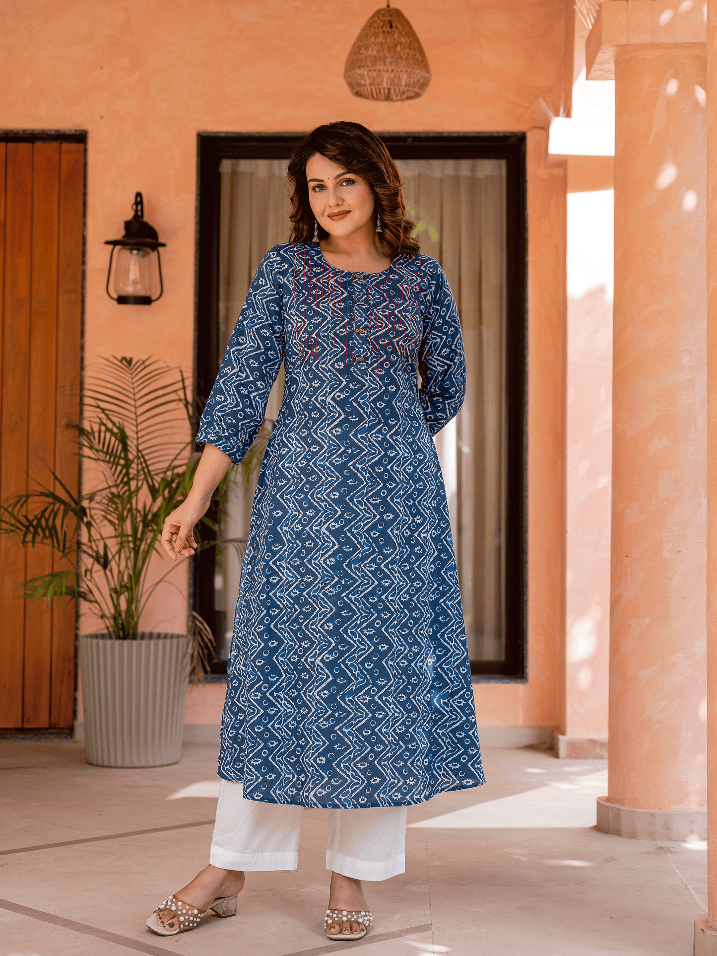 Embroidered Soft Cotton Block Print Flared Indigo Kurta