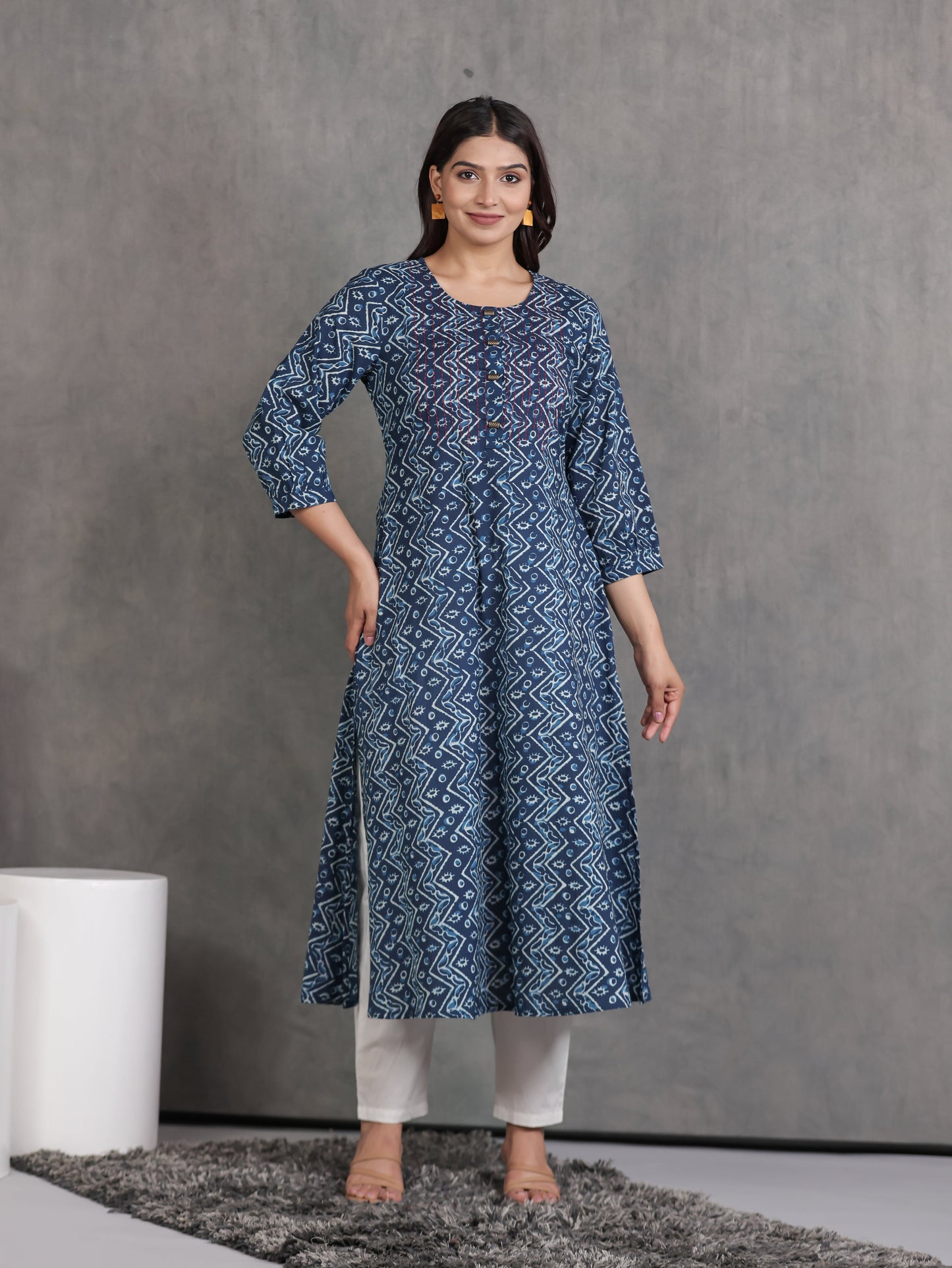Embroidered Soft Cotton Geometric Flared Blue Kurta
