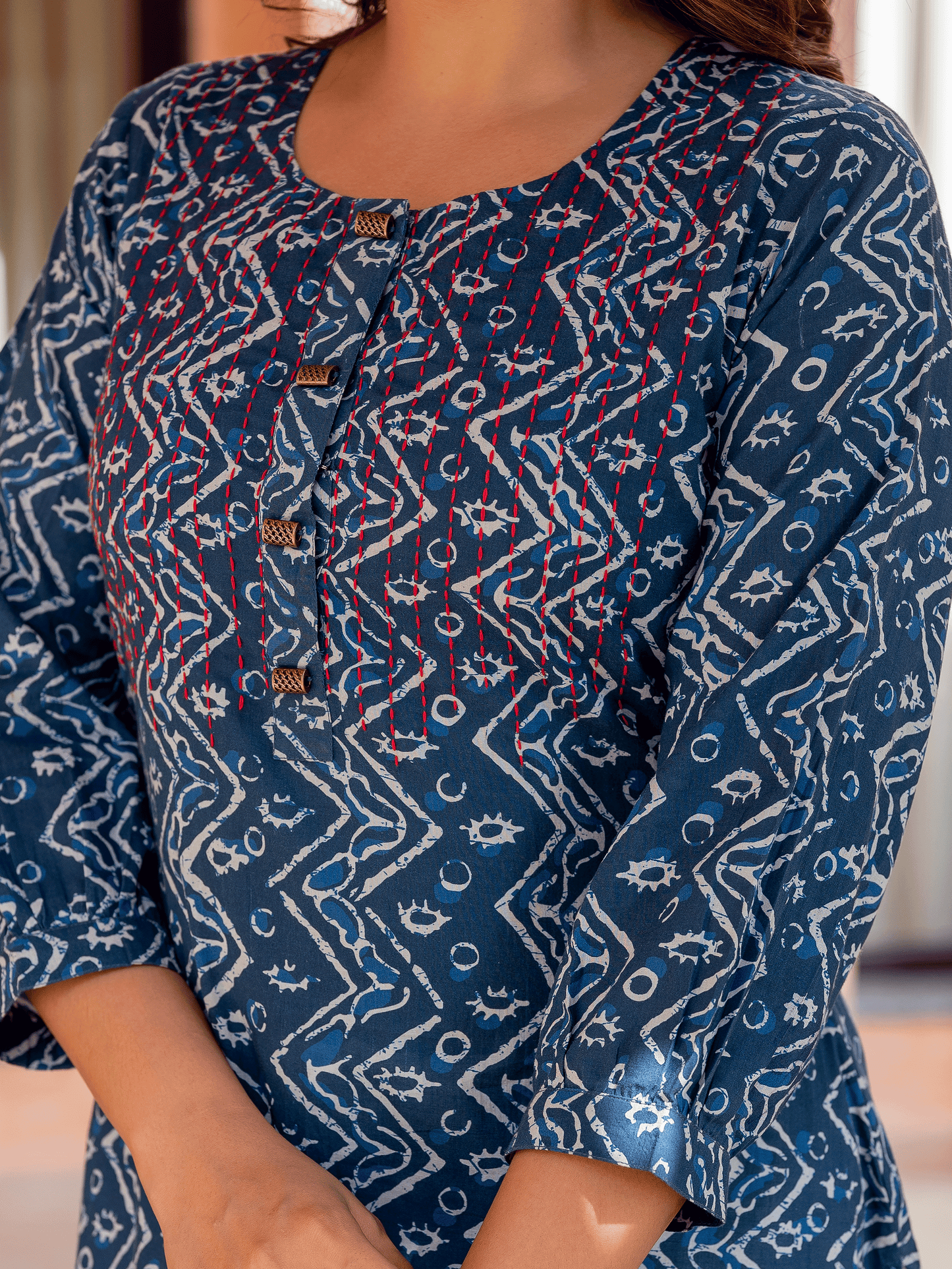 Embroidered Soft Cotton Block Print Flared Indigo Kurta