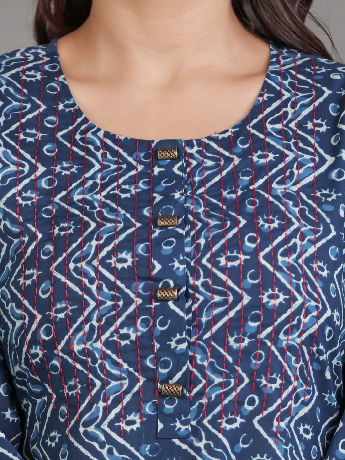 Embroidered Soft Cotton Geometric Flared Blue Kurta