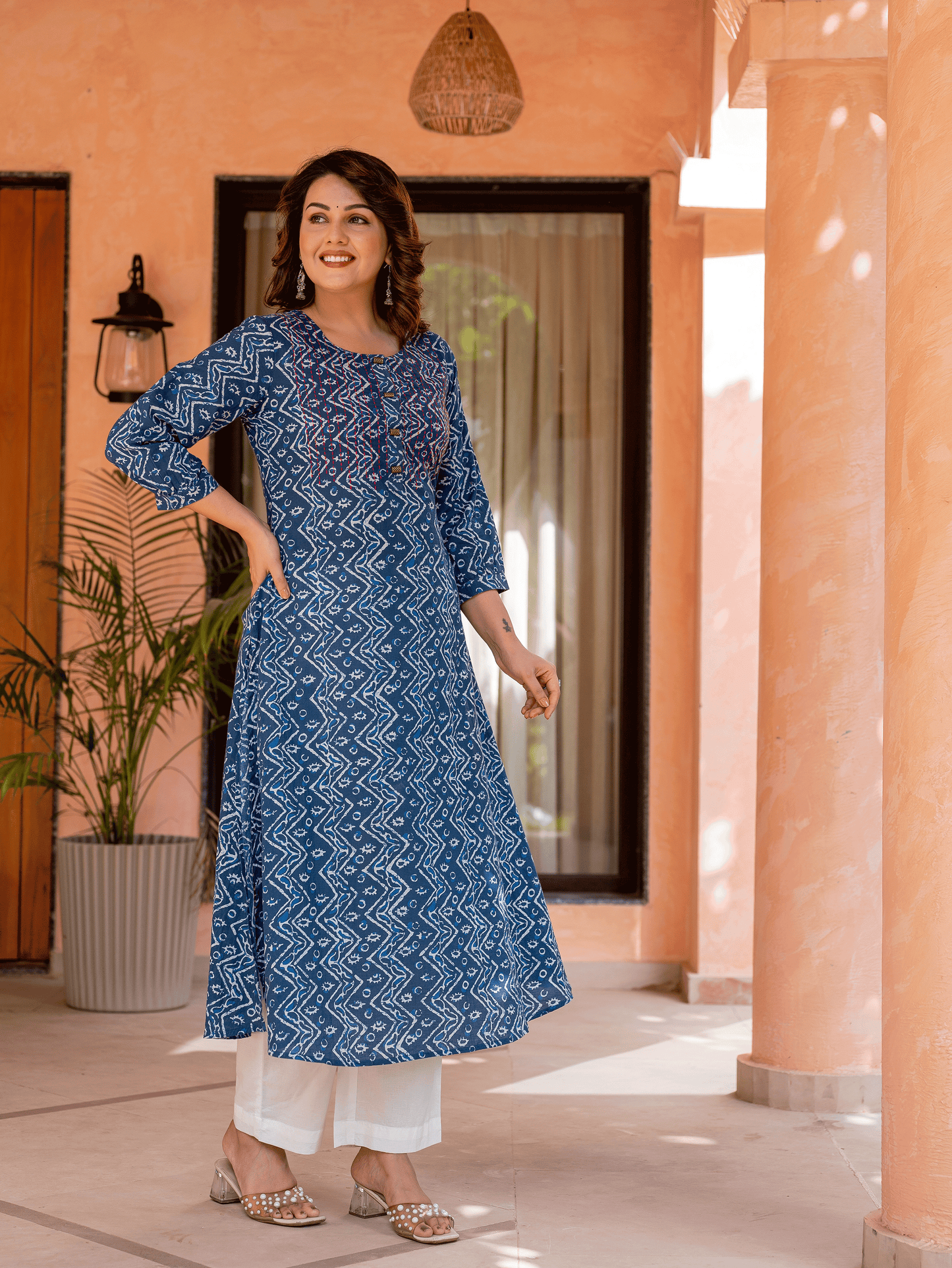 Embroidered Soft Cotton Block Print Flared Indigo Kurta