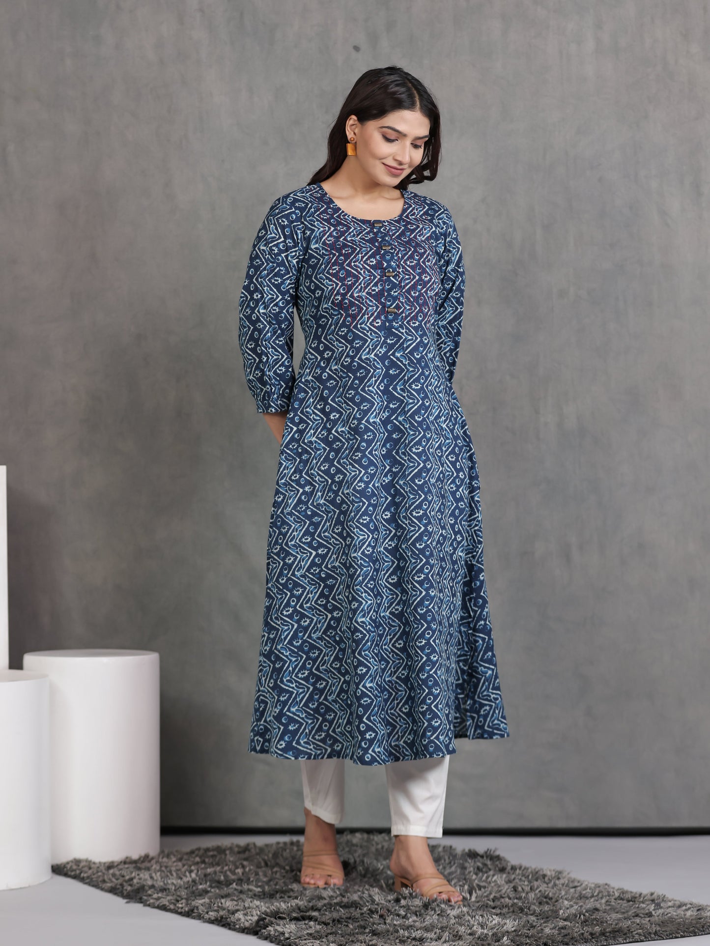 Embroidered Soft Cotton Geometric Flared Blue Kurta