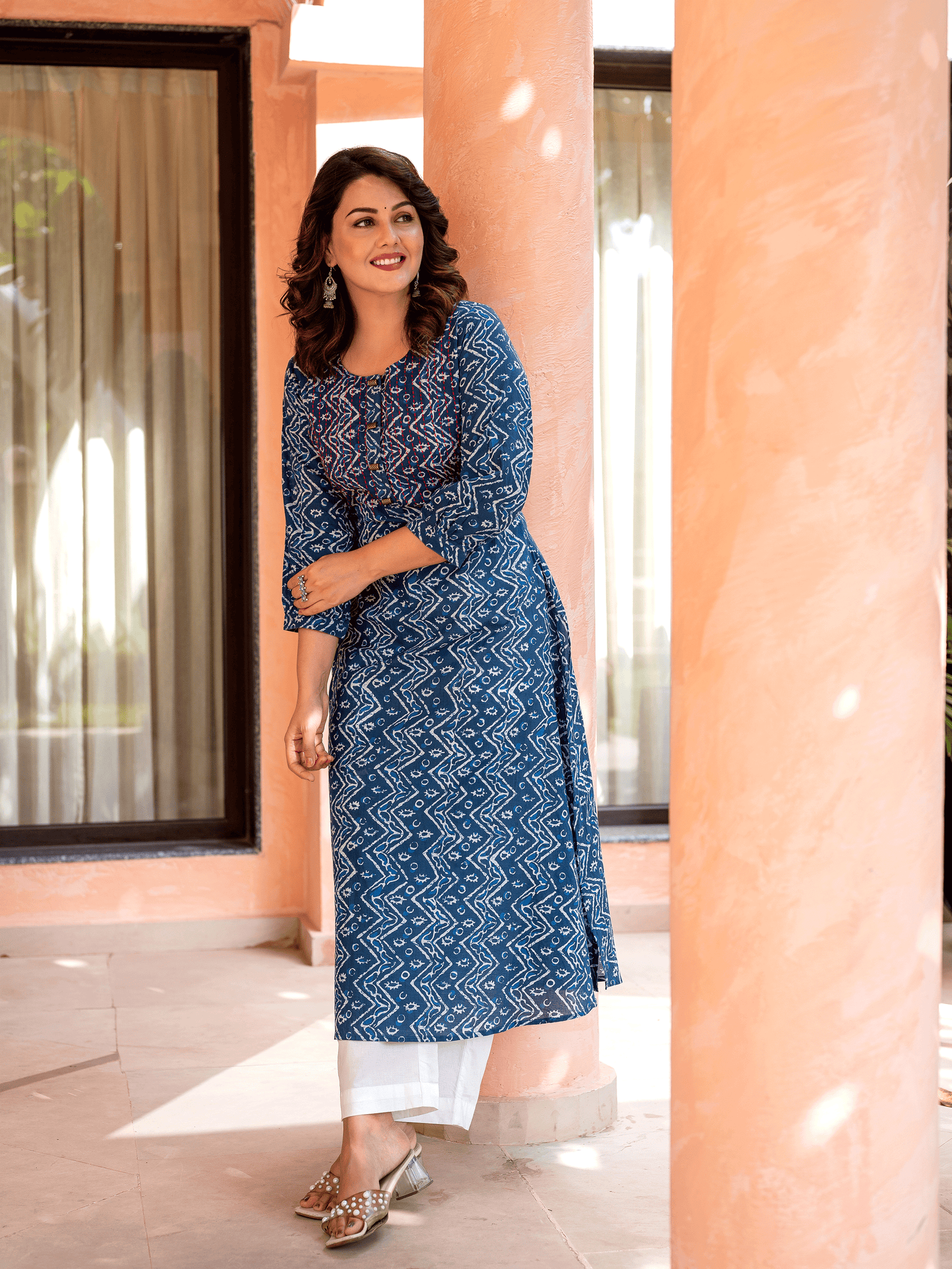 Embroidered Soft Cotton Block Print Flared Indigo Kurta