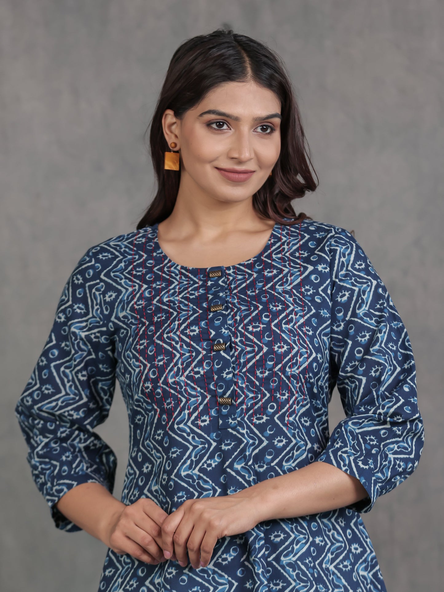 Embroidered Soft Cotton Geometric Flared Blue Kurta