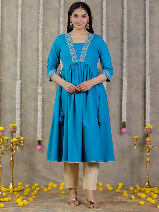 Embroidered Linen Cotton Solid Anarkali Teal Kurta