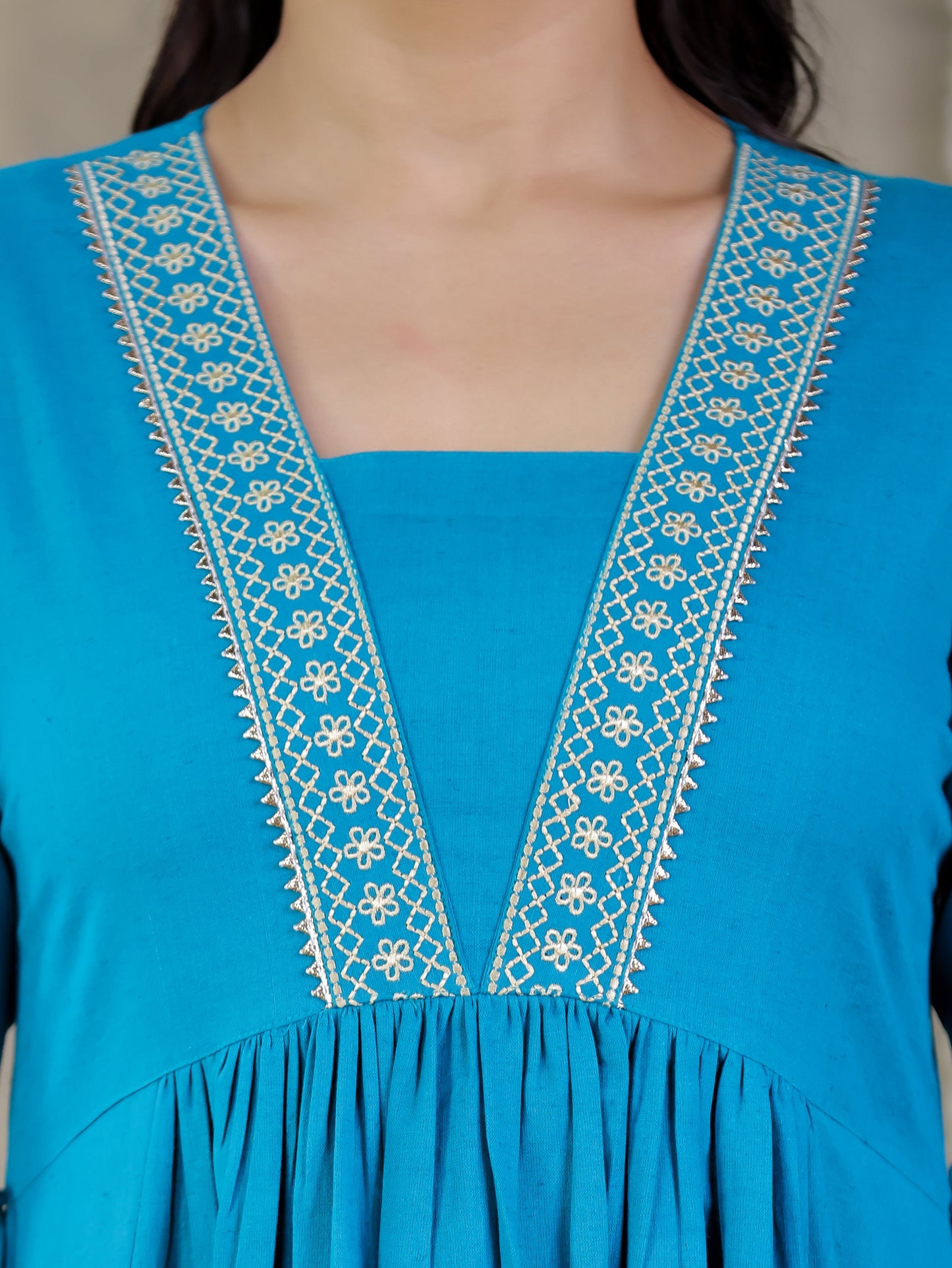 Embroidered Linen Cotton Solid Anarkali Teal Kurta