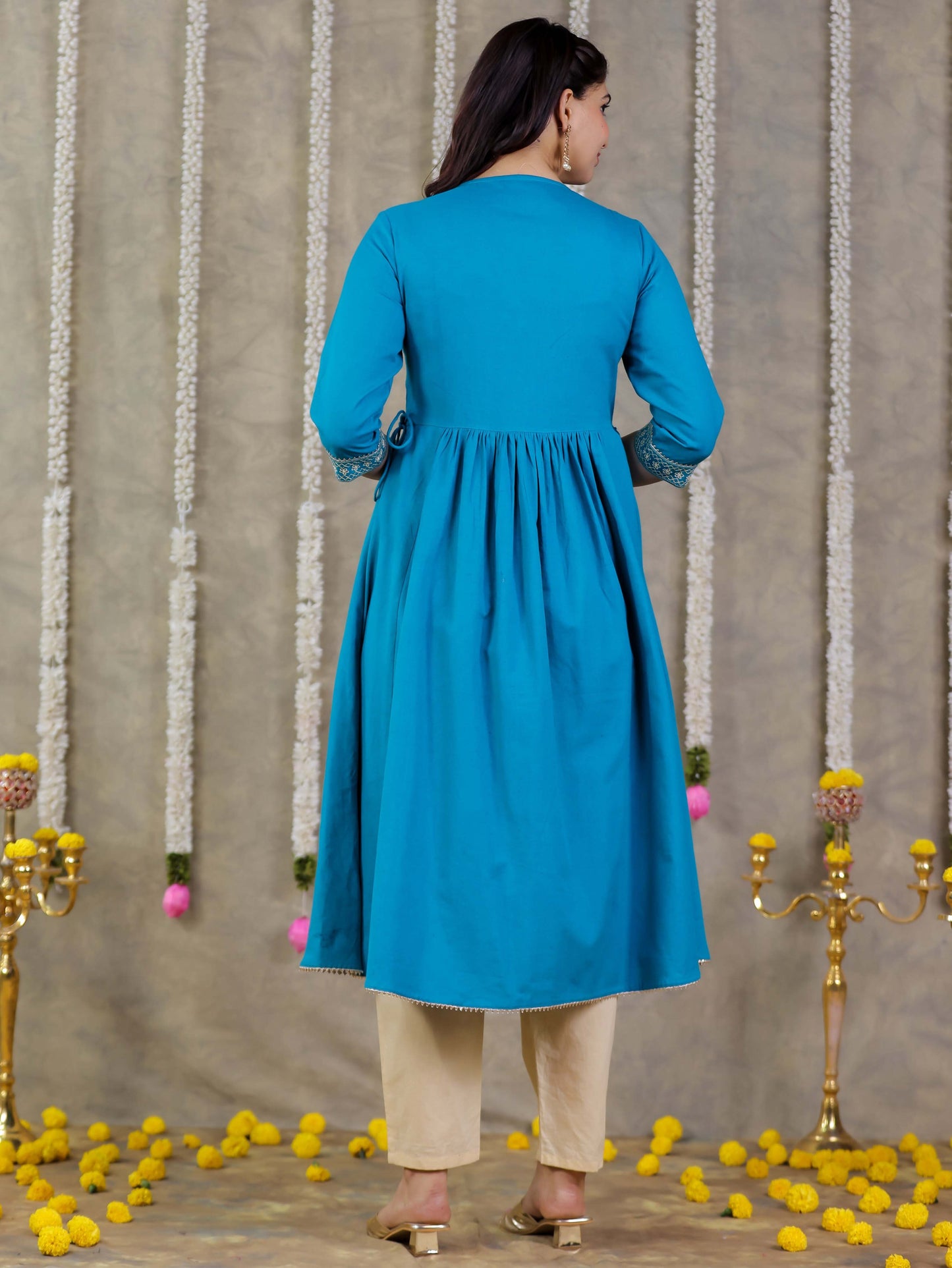 Embroidered Linen Cotton Solid Anarkali Teal Kurta
