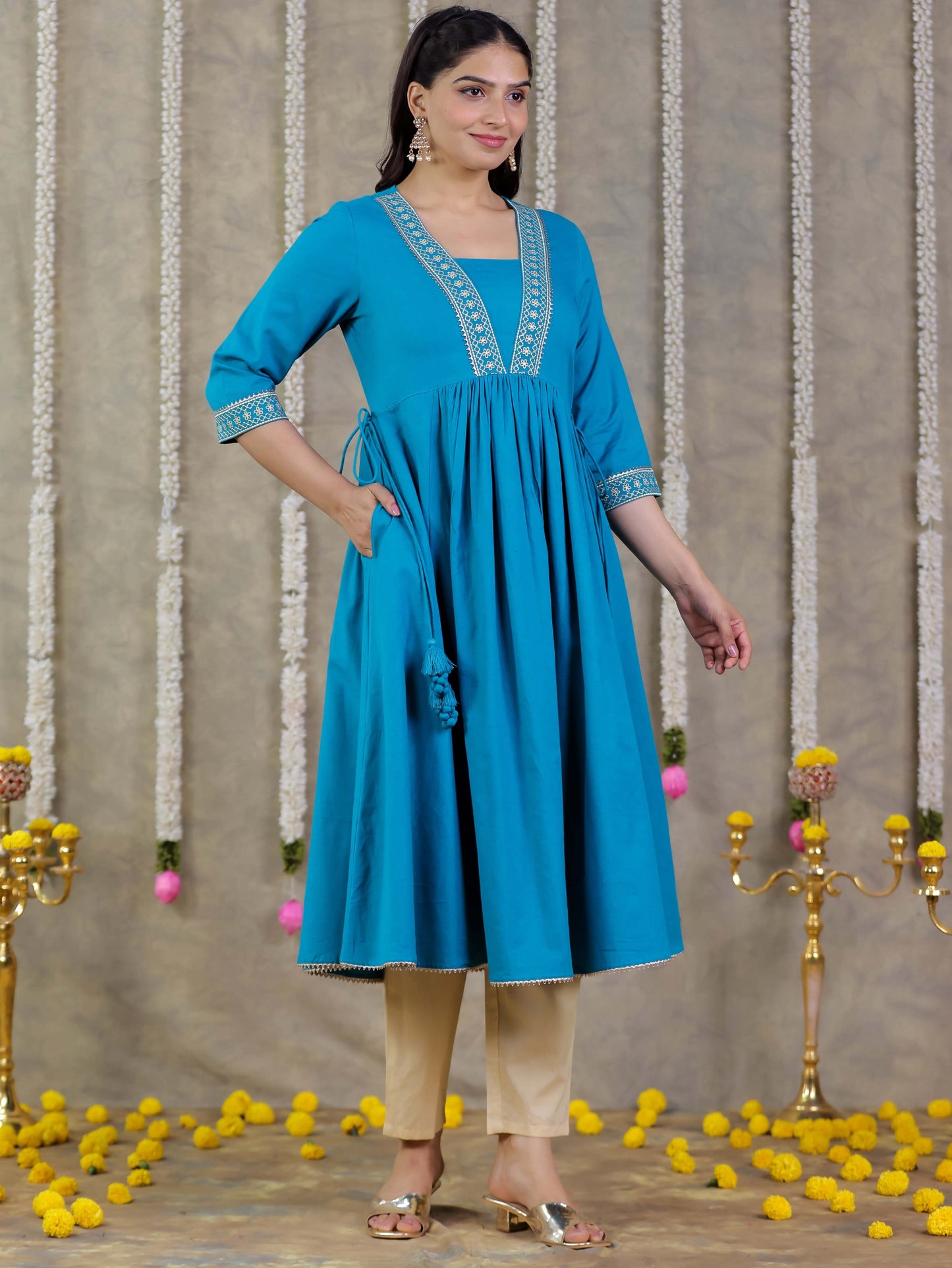 Embroidered Linen Cotton Solid Anarkali Teal Kurta
