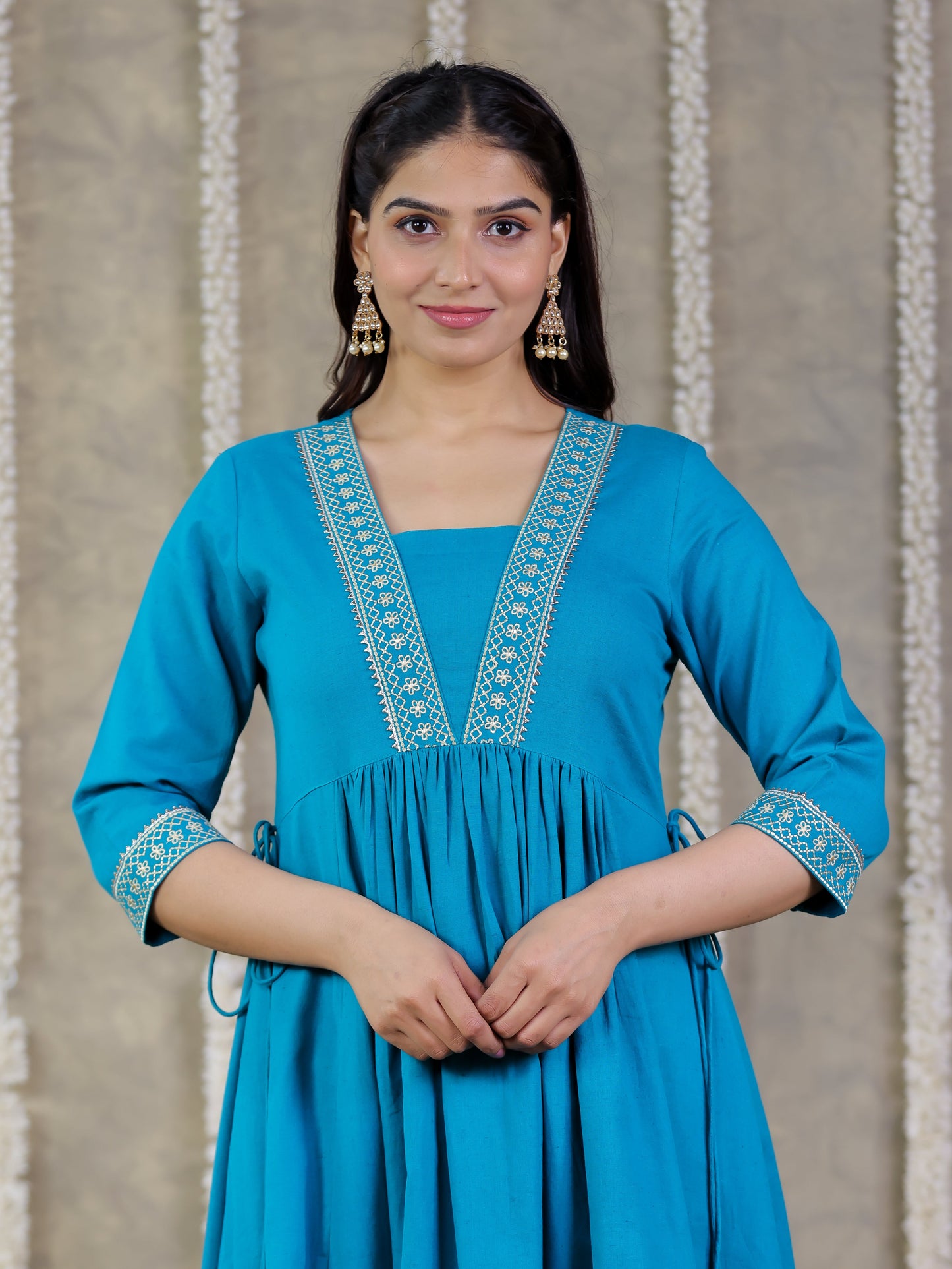Embroidered Linen Cotton Solid Anarkali Teal Kurta