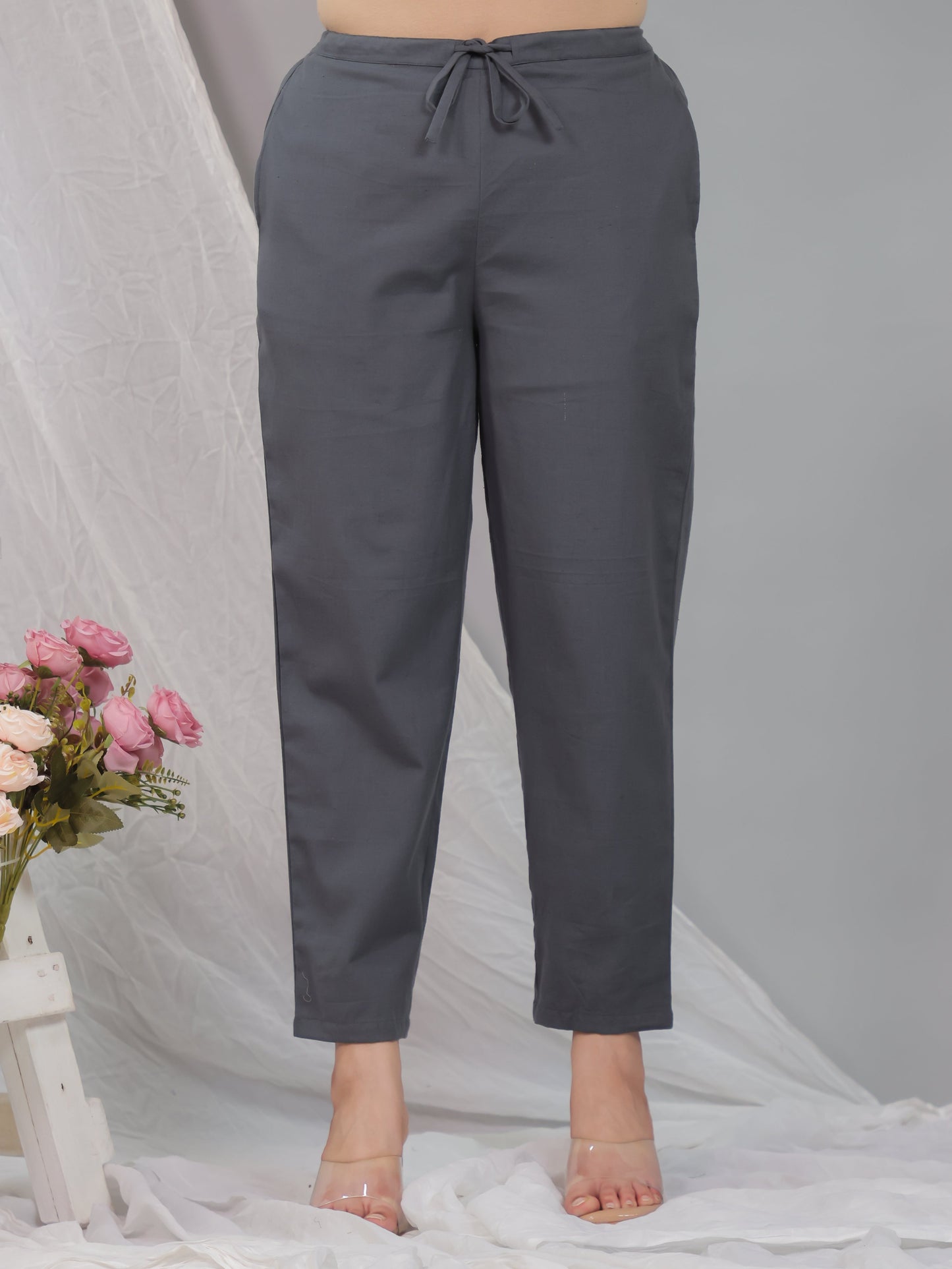 Linen Cotton Solid Grey Tapered Tapered Trousers