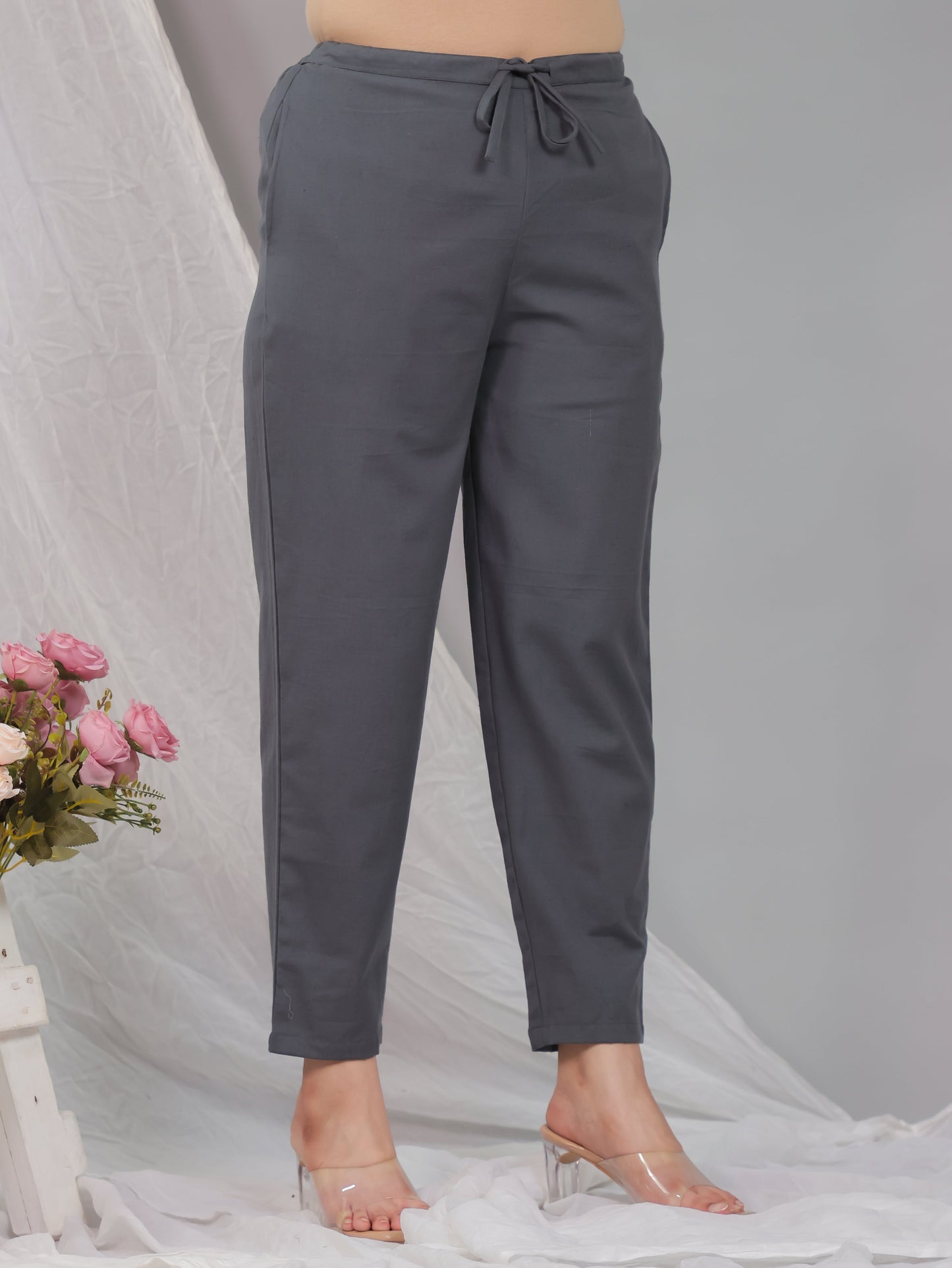 Linen Cotton Solid Grey Tapered Tapered Trousers