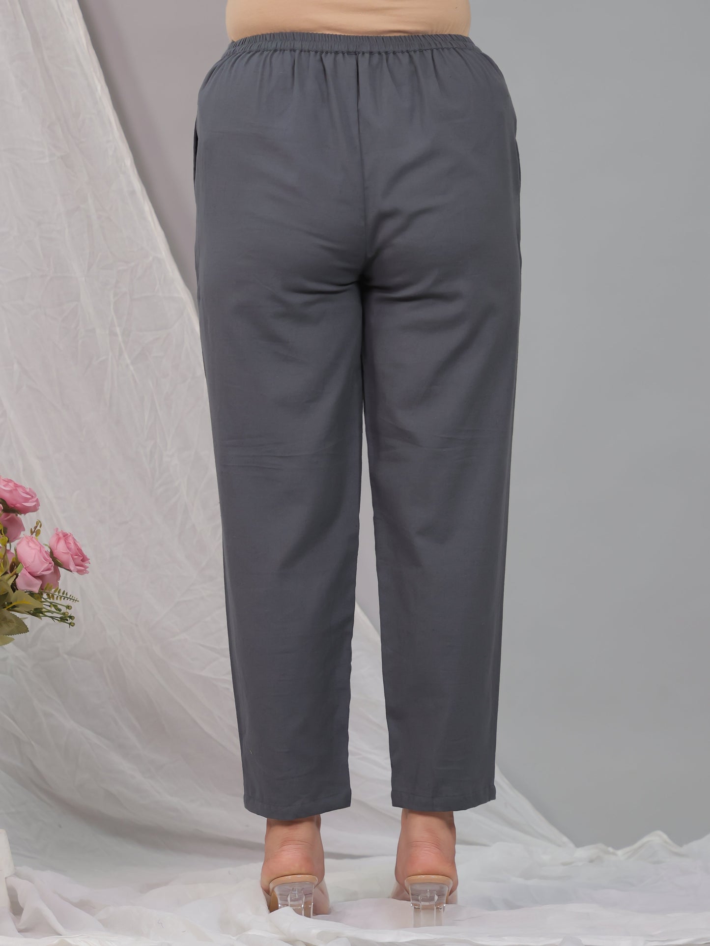 Linen Cotton Solid Grey Tapered Tapered Trousers