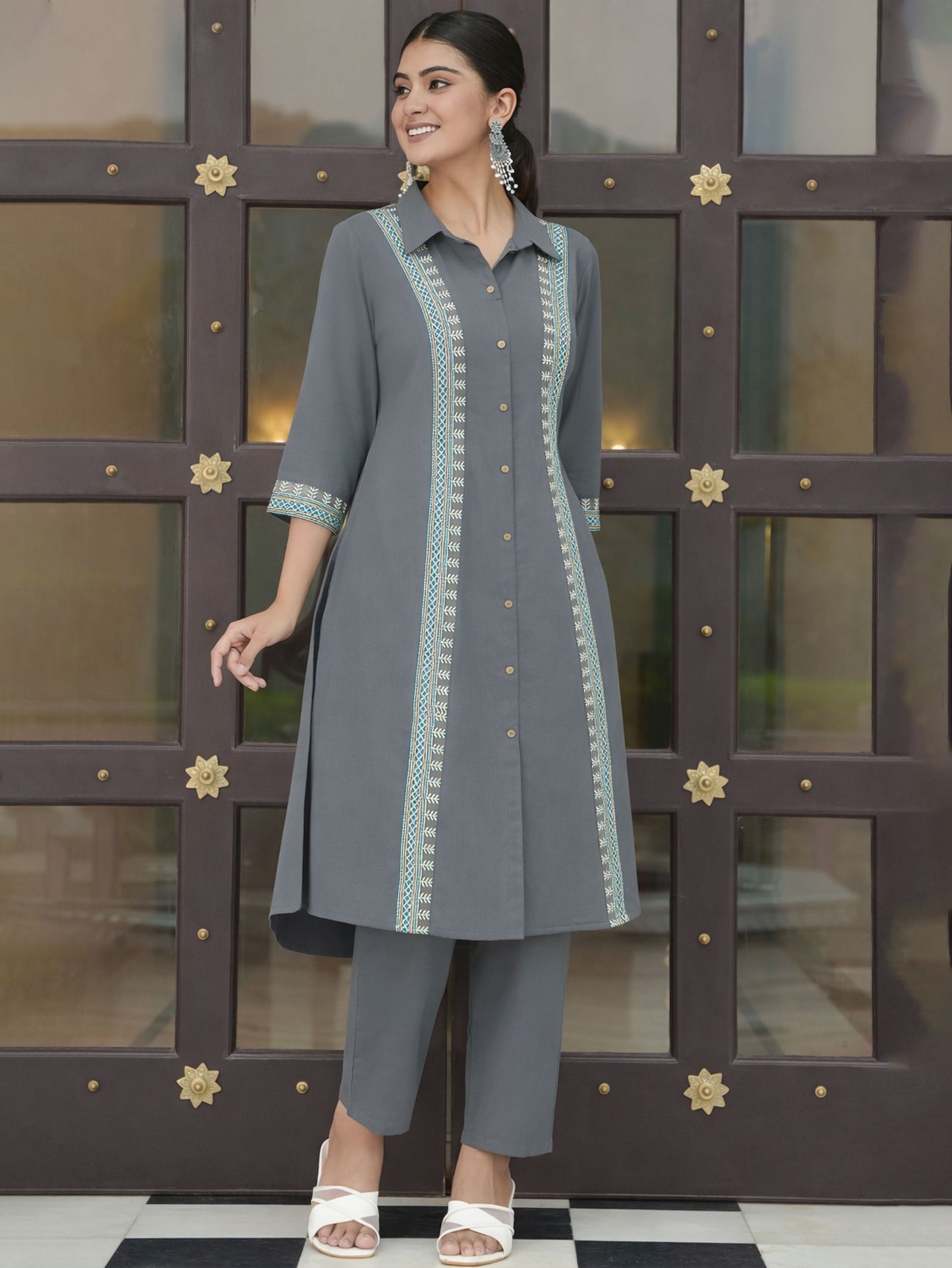 Embroidered Linen Cotton Solid High Low Grey Kurta