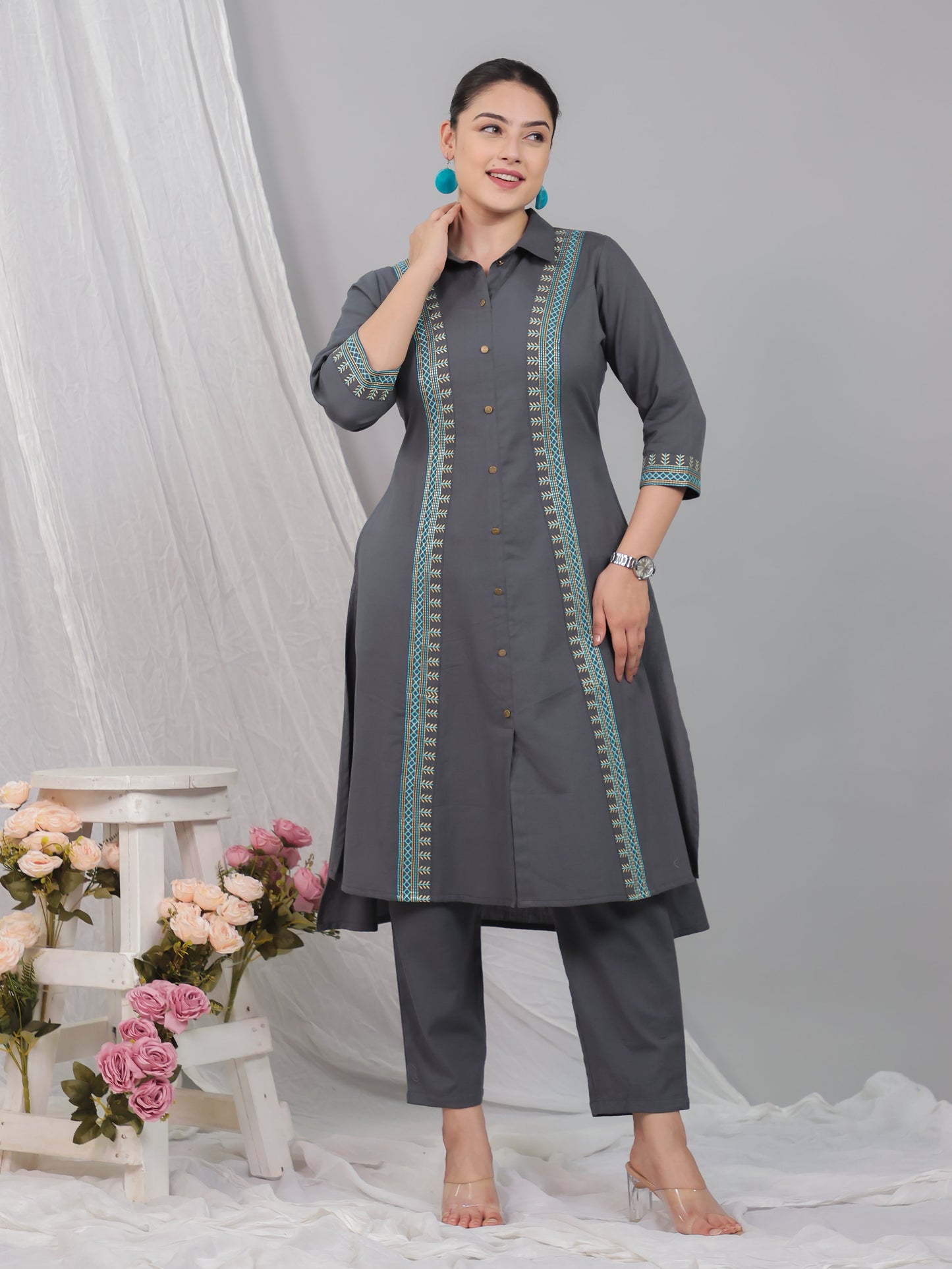 Embroidered Linen Cotton Solid High Low Grey Kurta