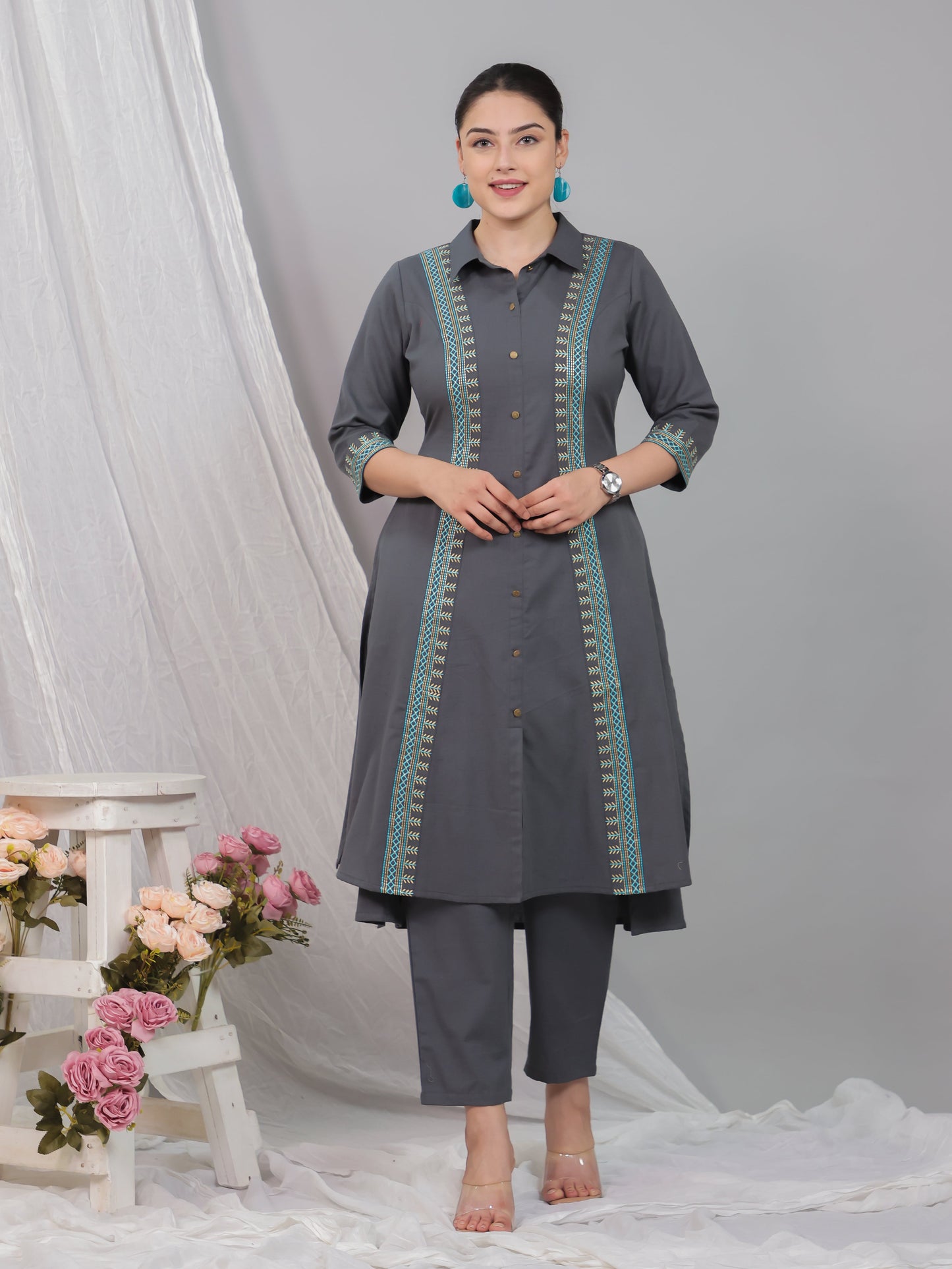 Embroidered Linen Cotton Solid High Low Grey Kurta