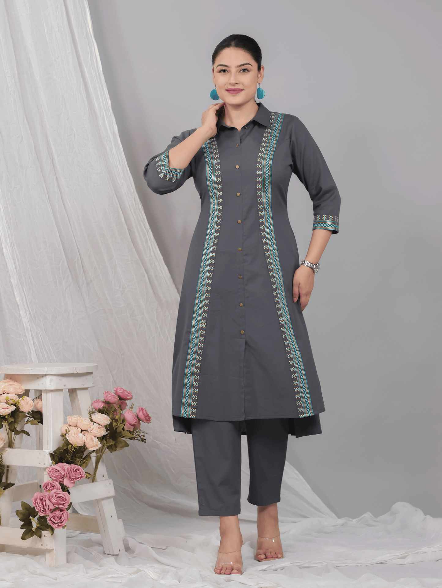 Embroidered Linen Cotton Solid High Low Grey Kurta