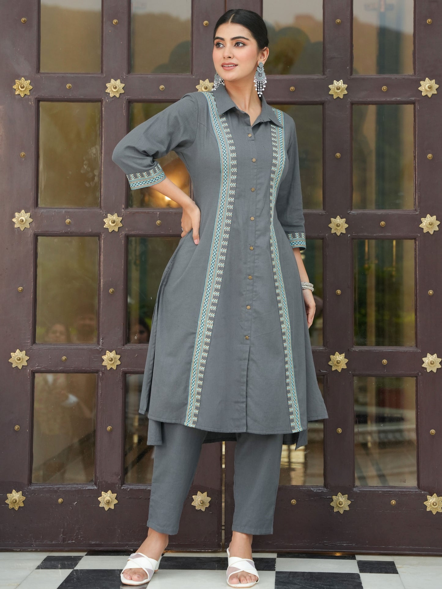 Embroidered Linen Cotton Solid High Low Grey Kurta