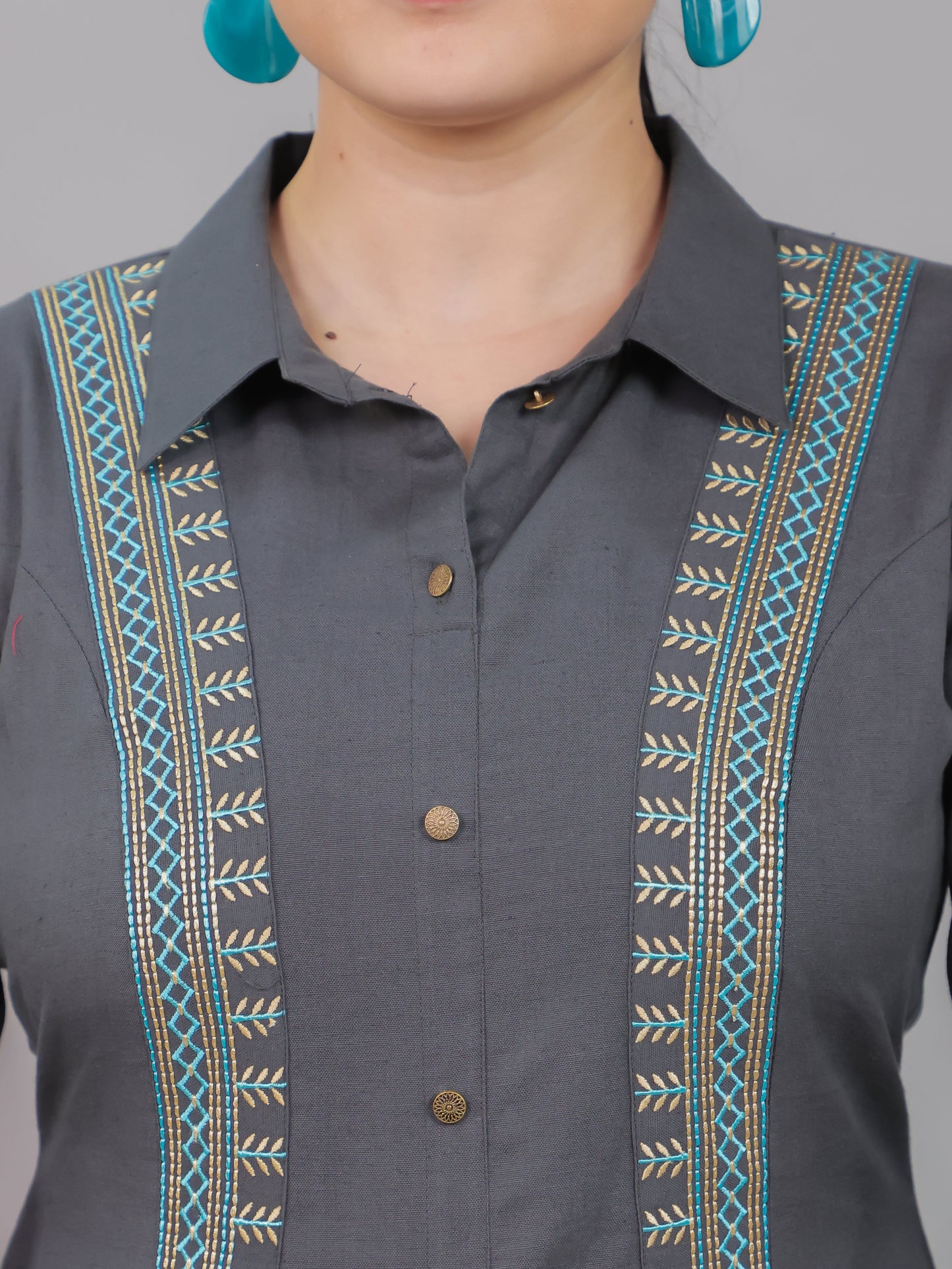 Embroidered Linen Cotton Solid High Low Grey Kurta