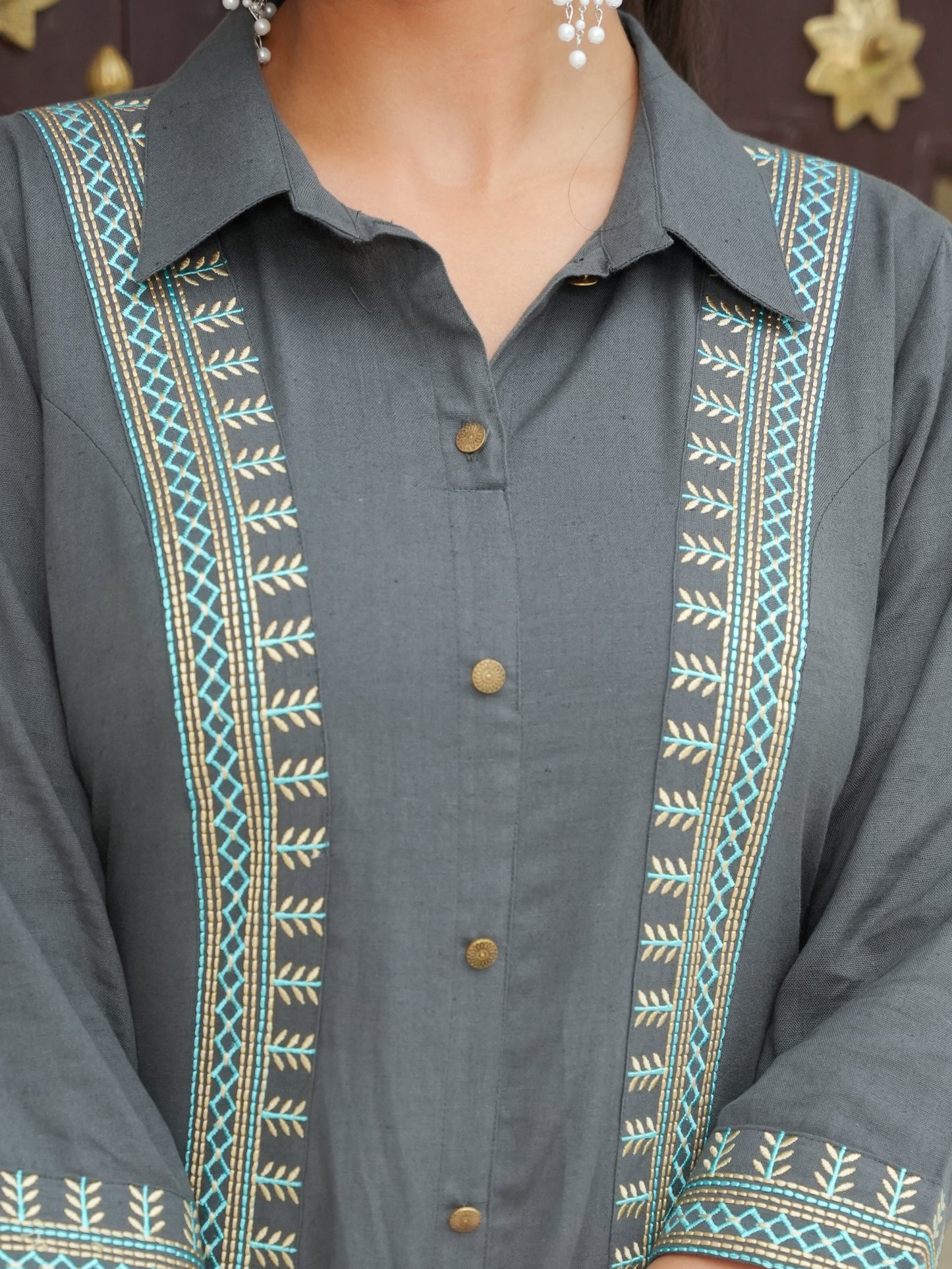 Embroidered Linen Cotton Solid High Low Grey Kurta