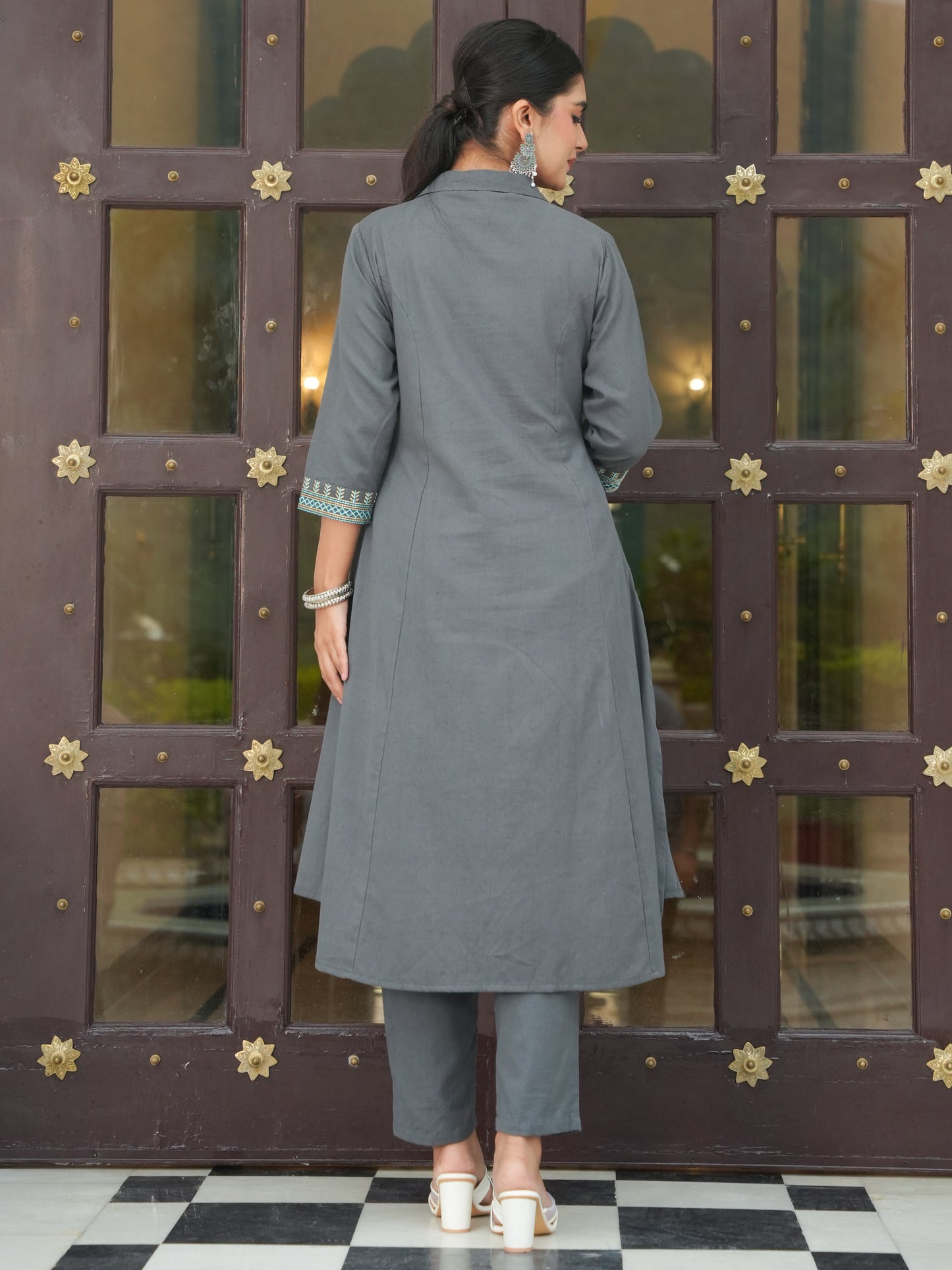 Embroidered Linen Cotton Solid High Low Grey Kurta