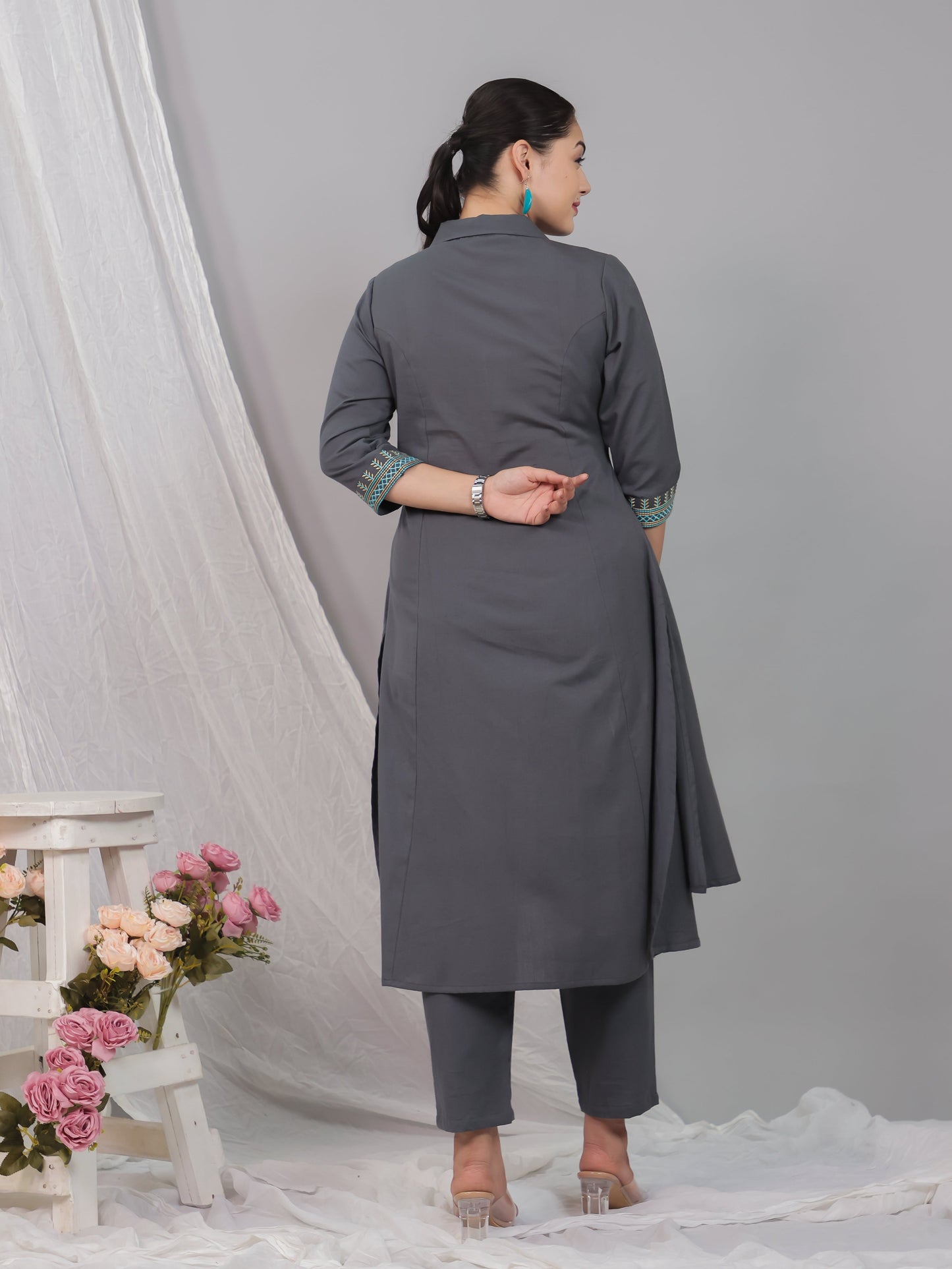 Embroidered Linen Cotton Solid High Low Grey Kurta