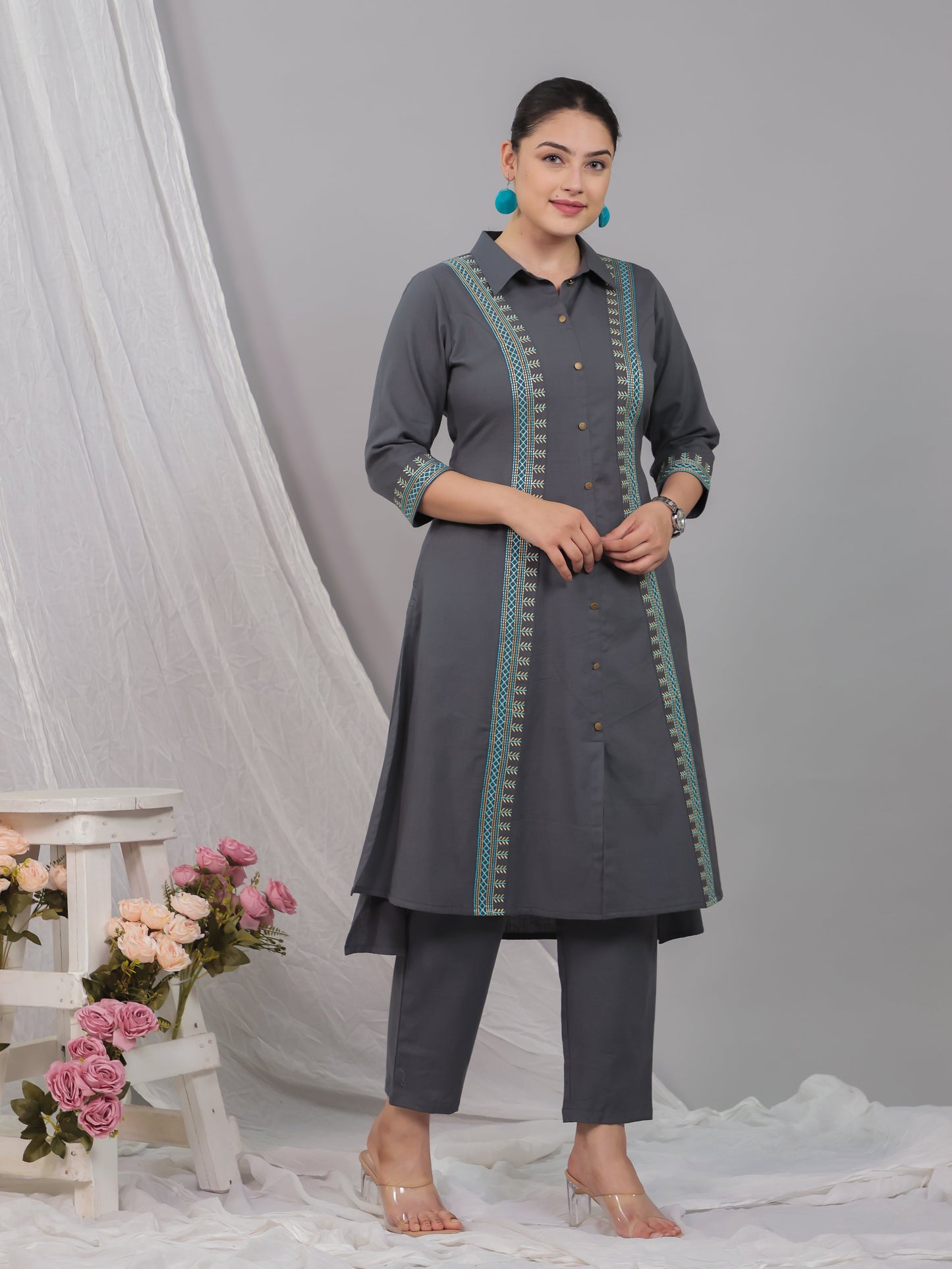 Embroidered Linen Cotton Solid High Low Grey Kurta