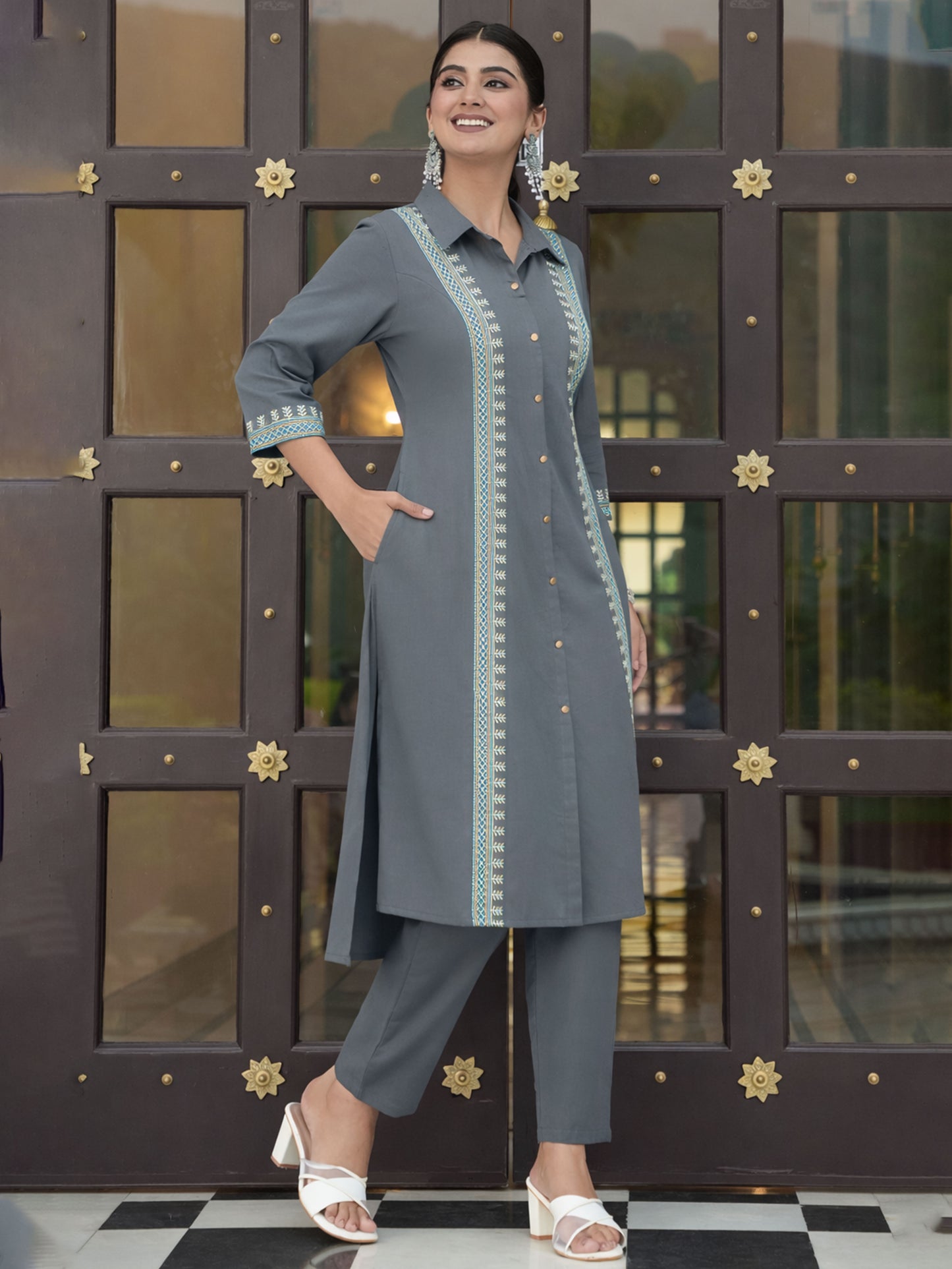 Embroidered Linen Cotton Solid High Low Grey Kurta