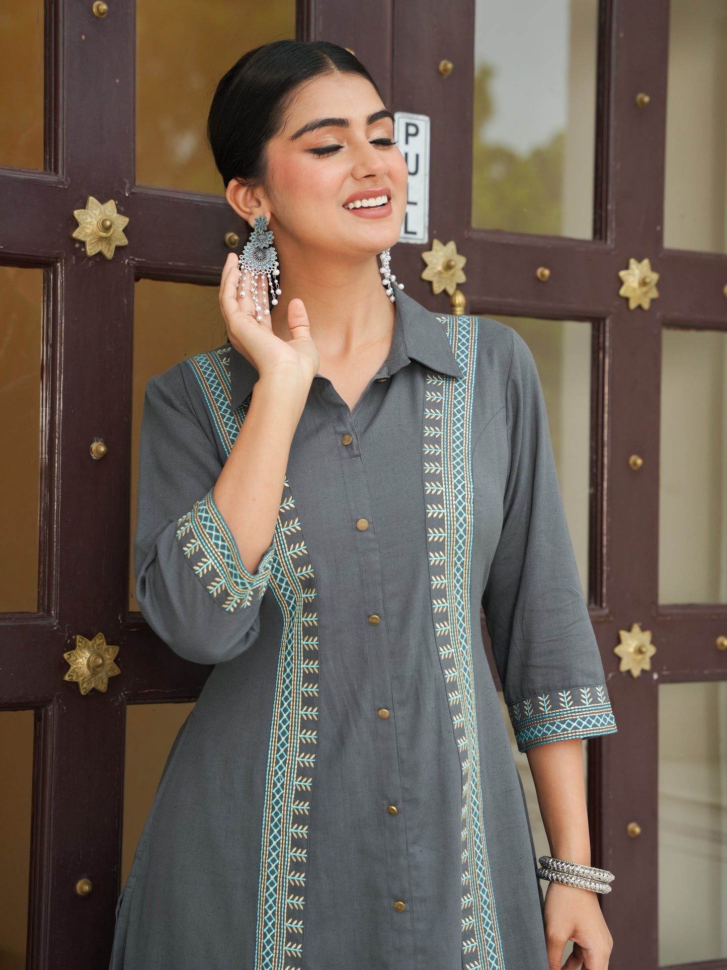 Embroidered Linen Cotton Solid High Low Grey Kurta