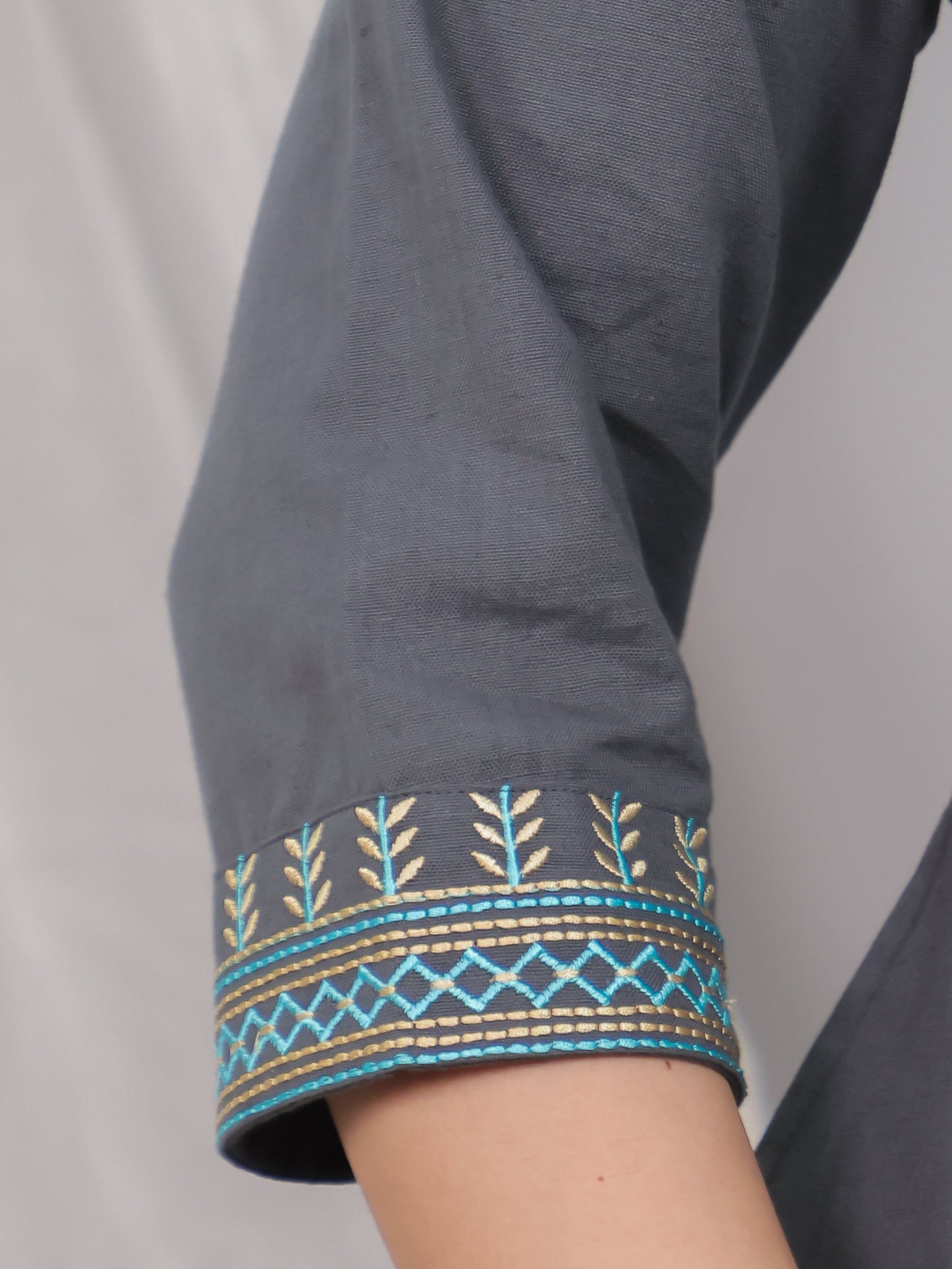 Embroidered Linen Cotton Solid High Low Grey Kurta