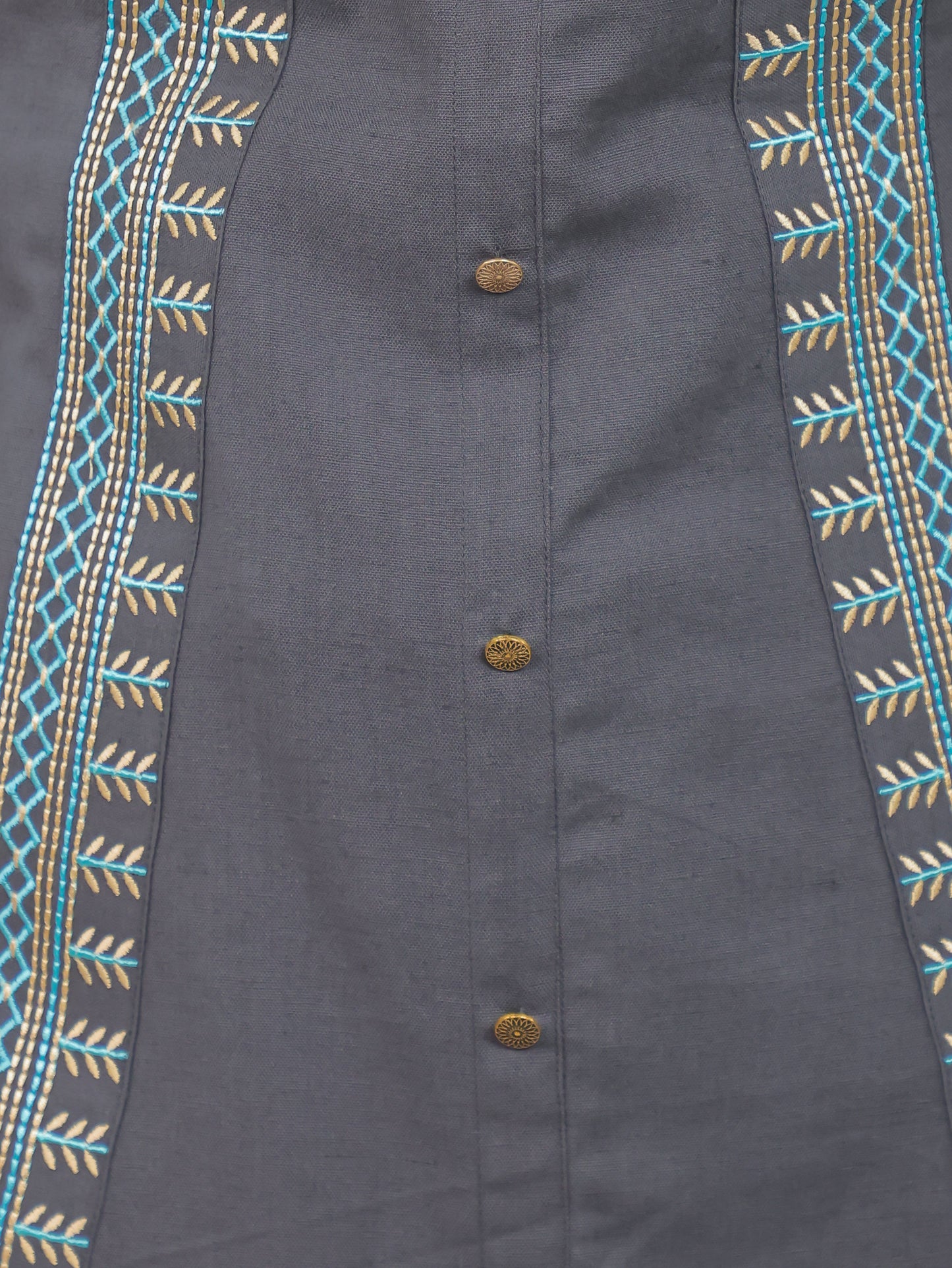 Embroidered Linen Cotton Solid High Low Grey Kurta