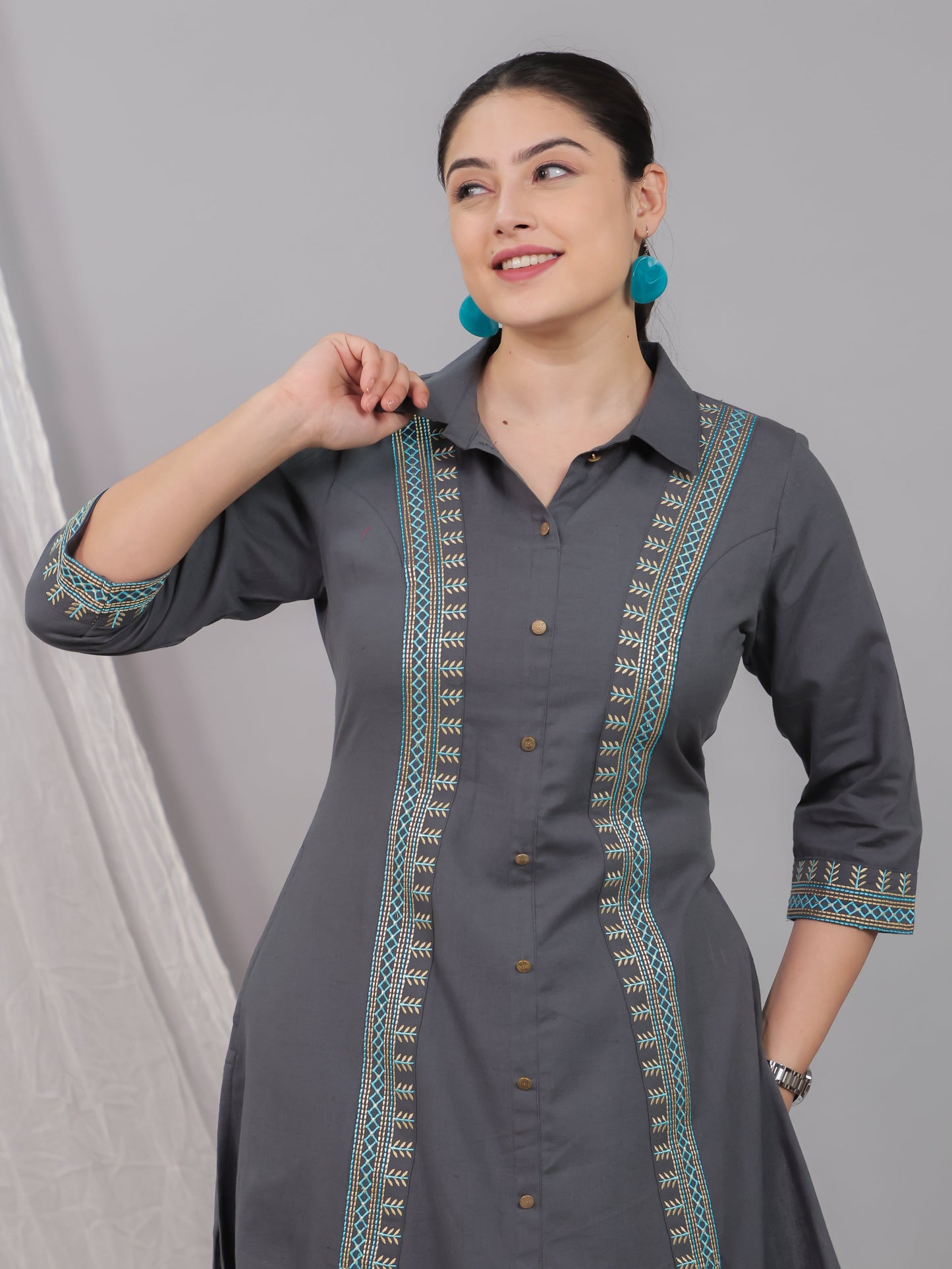 Embroidered Linen Cotton Solid High Low Grey Kurta